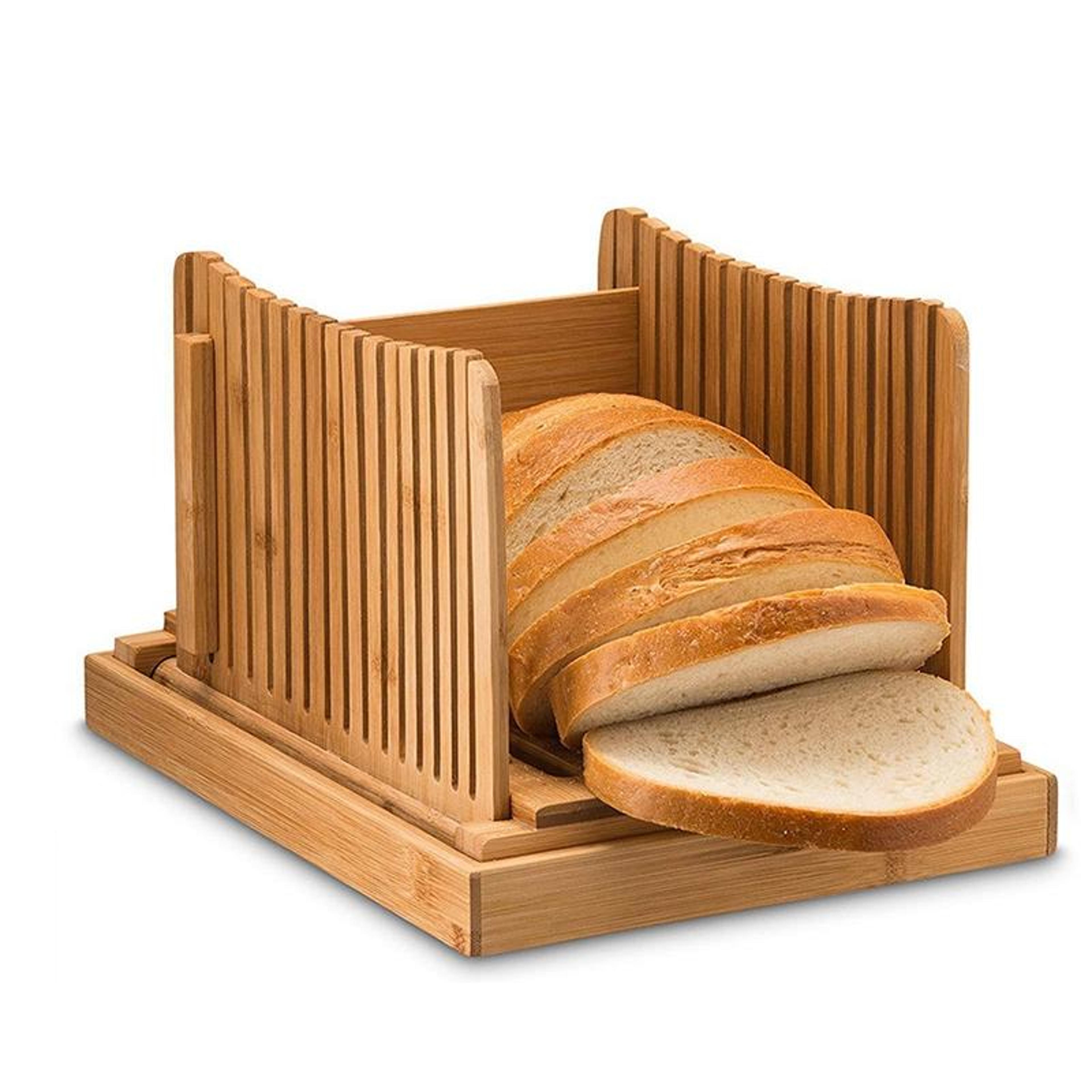 bamboo bread slicer cutting board with crumb tray for even slices