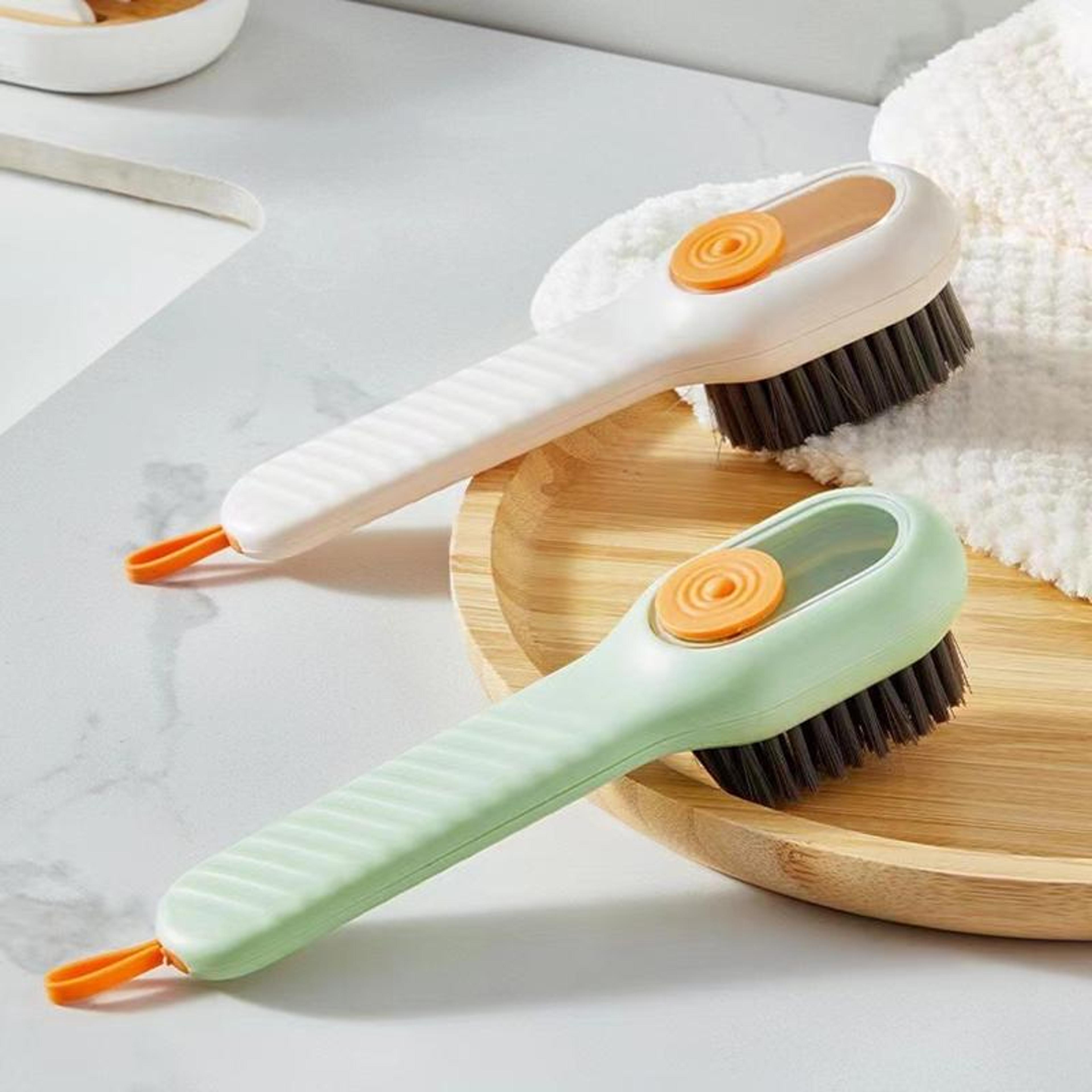 press dispensing shoe cleaning brush with built-in soap reservoir & soft nano bristles