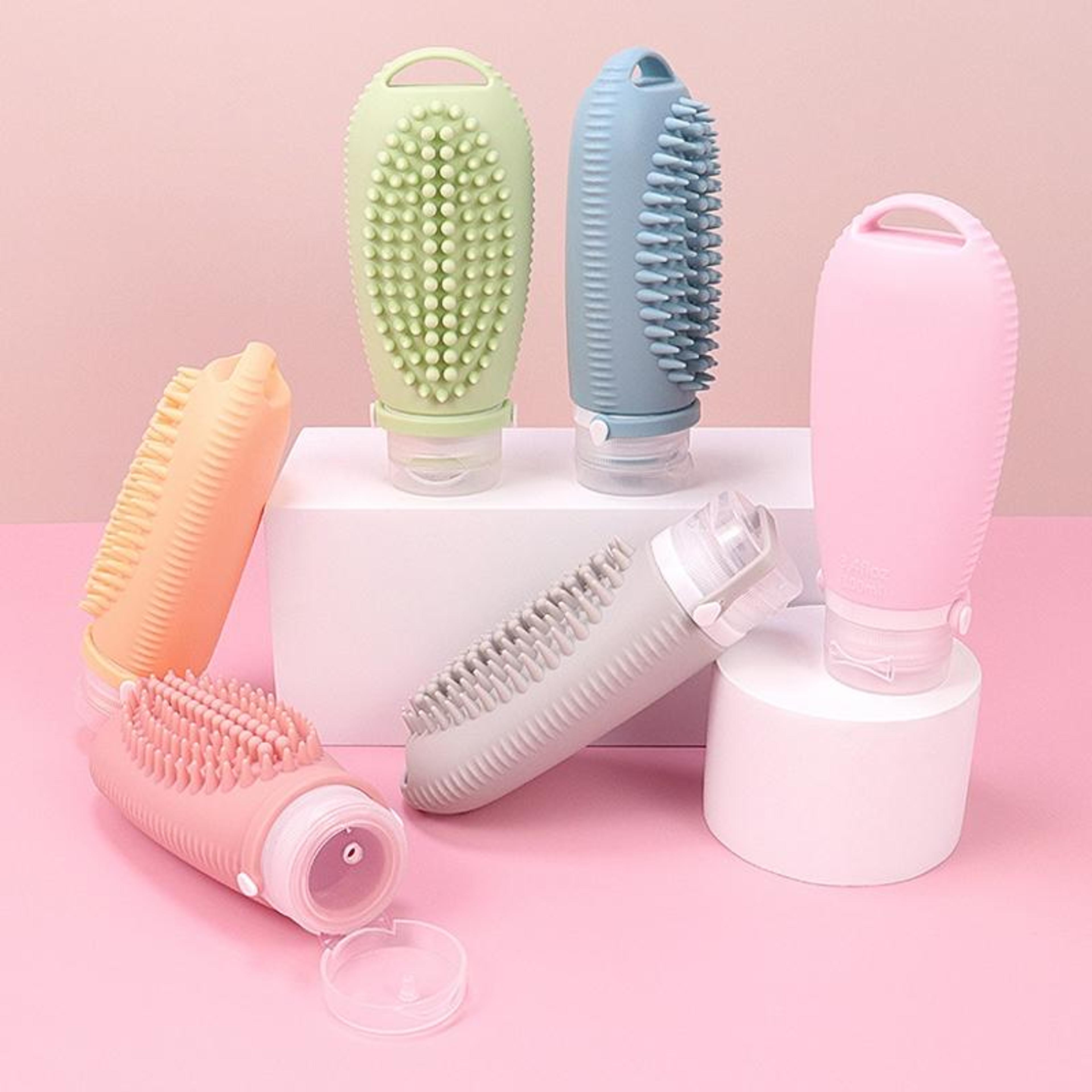silicone travel dispenser bottle with scalp massage brush
