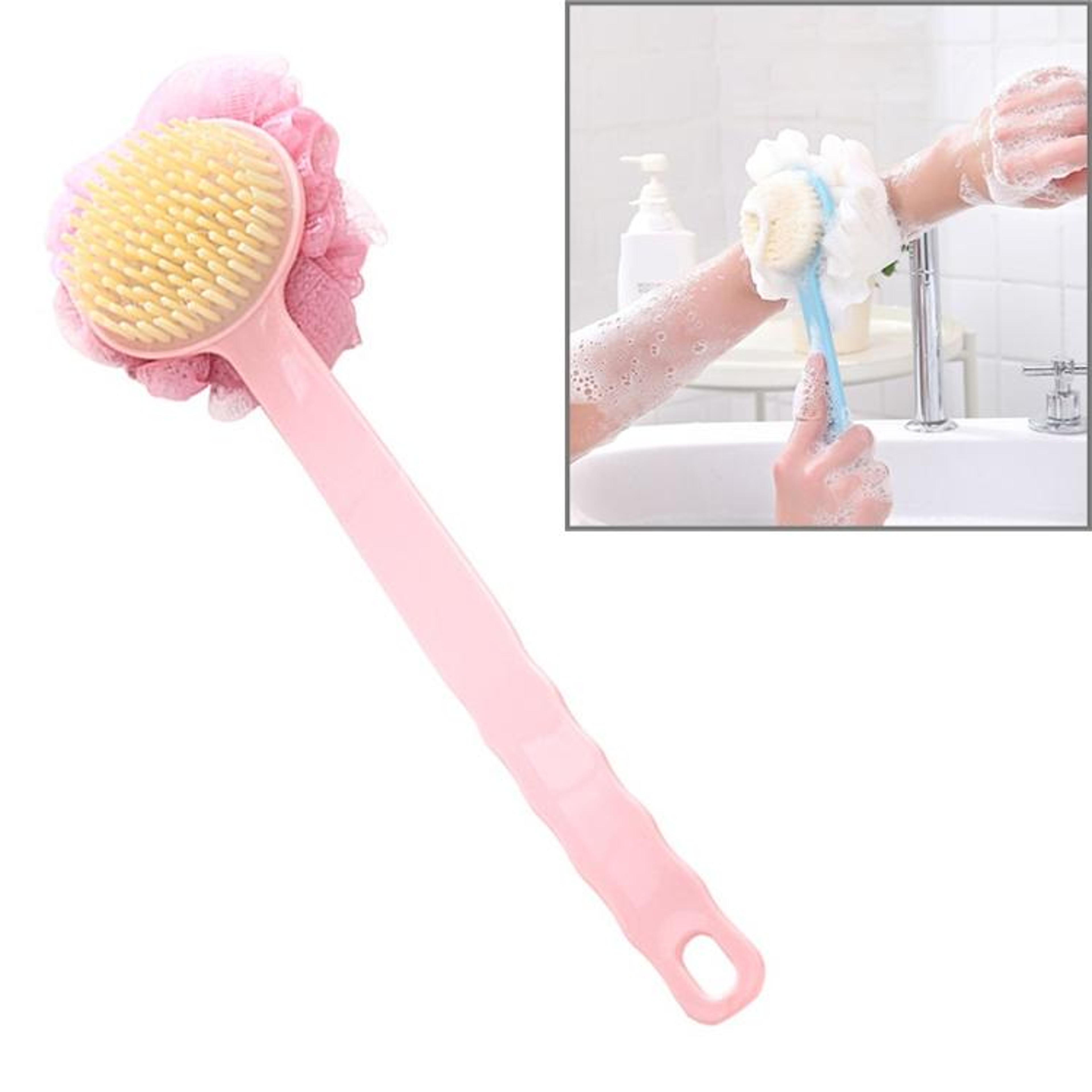 long handle bath brush and loofah soft bristle back scrubber pink
