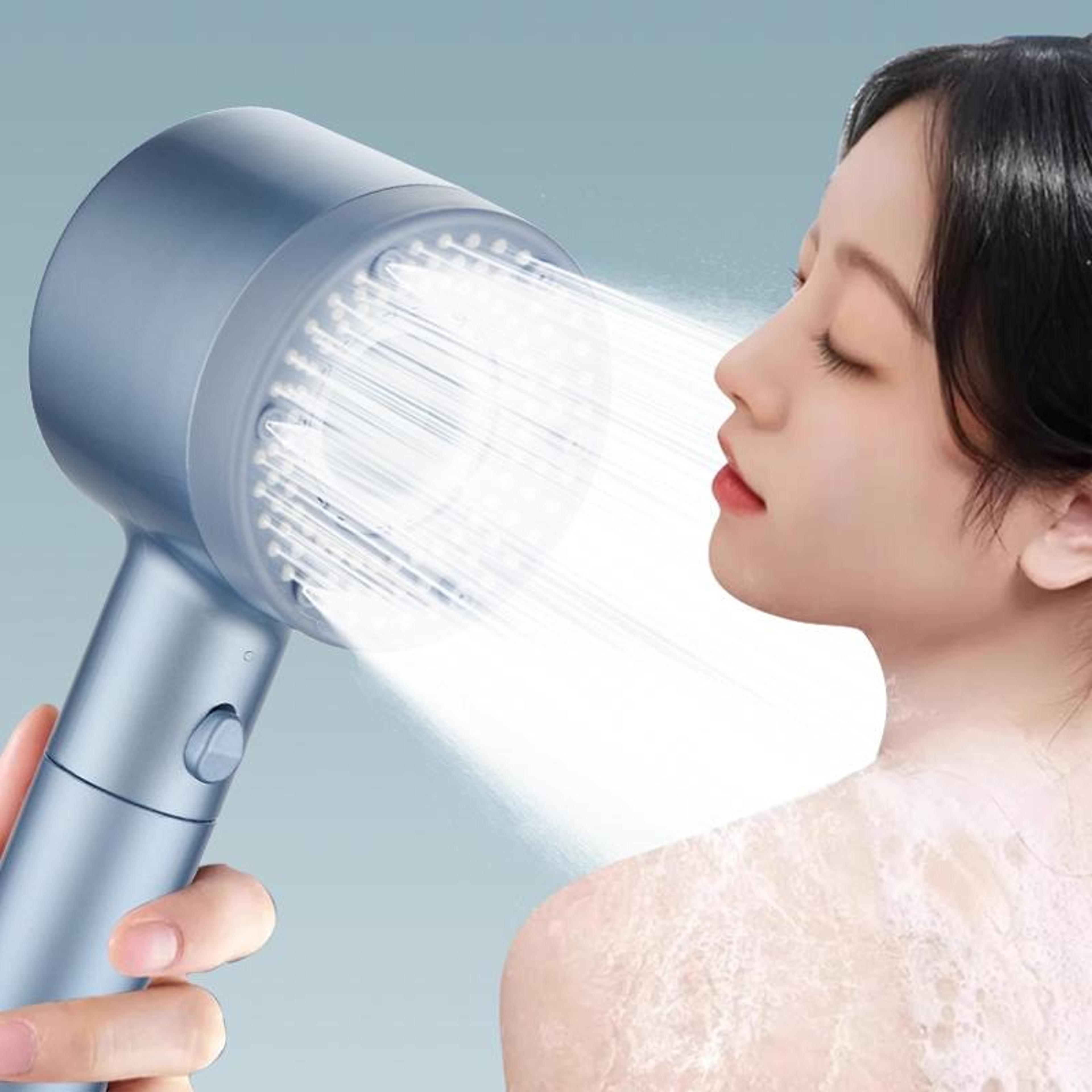 high pressure filtered shower head with 5 spray modes and water saving stop button