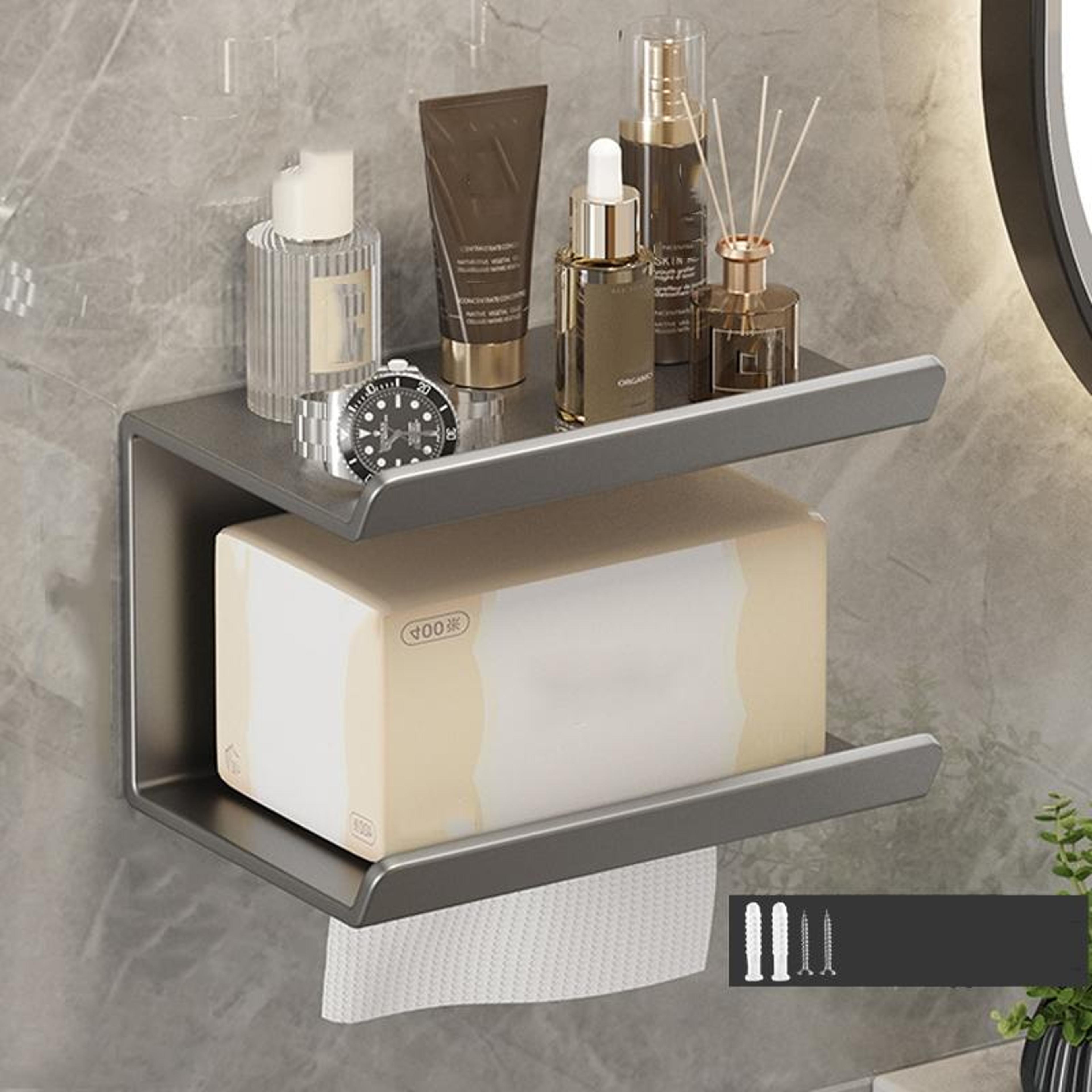 2-in-1 no drill bathroom shelf with paper holder & phone stand storage rack