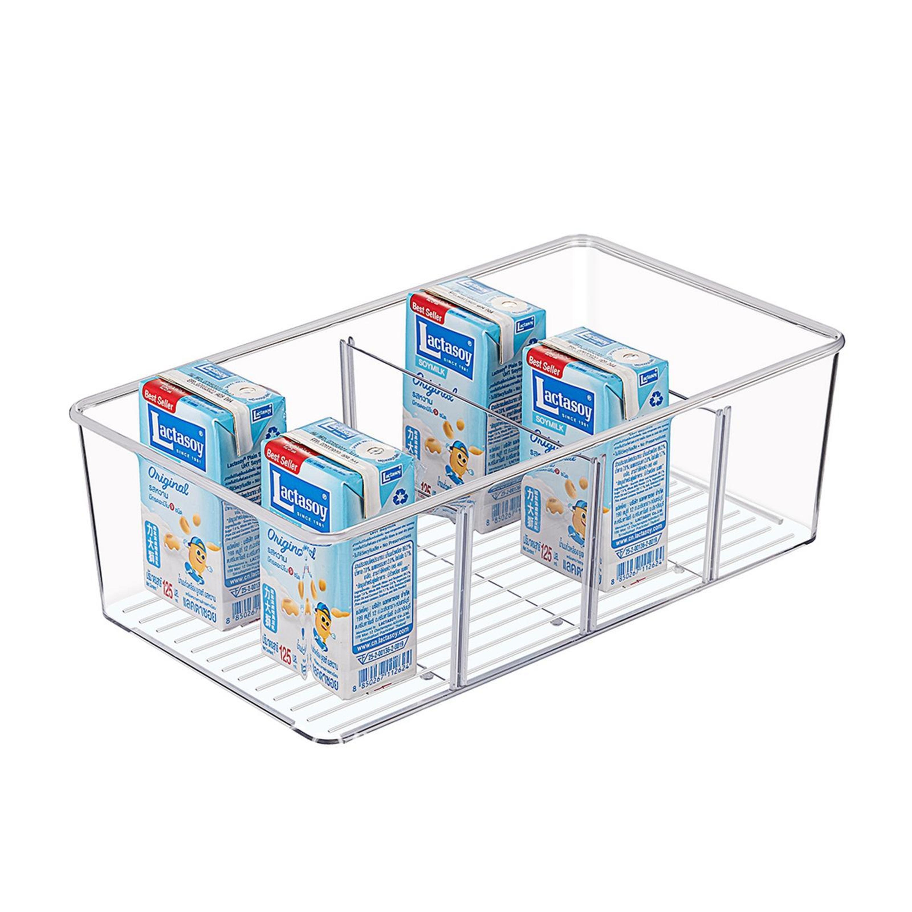 four-compartment clear storage box desktop organizer with removable dividers
