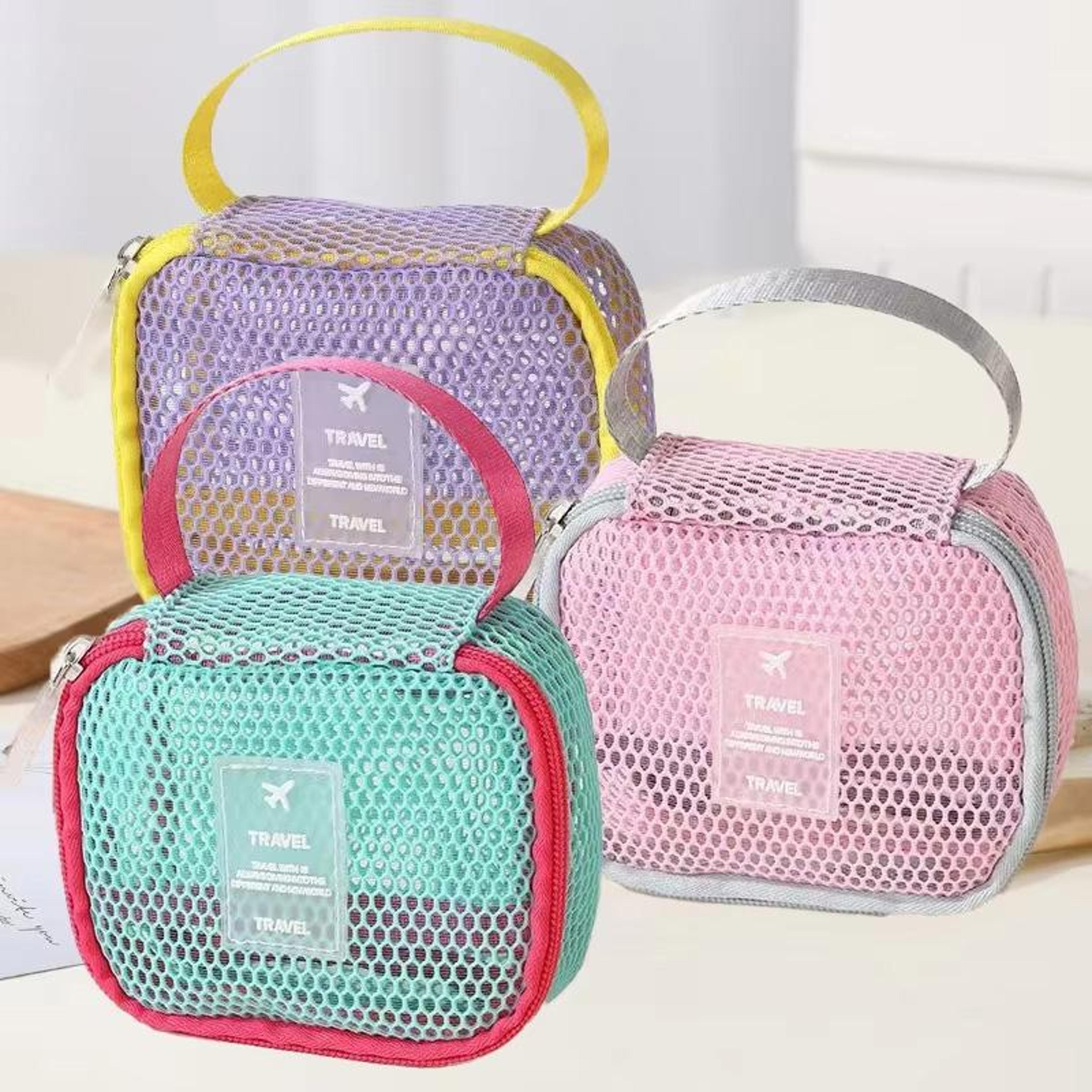 large capacity travel makeup organizer bag mesh cosmetic pouch with handle square pink