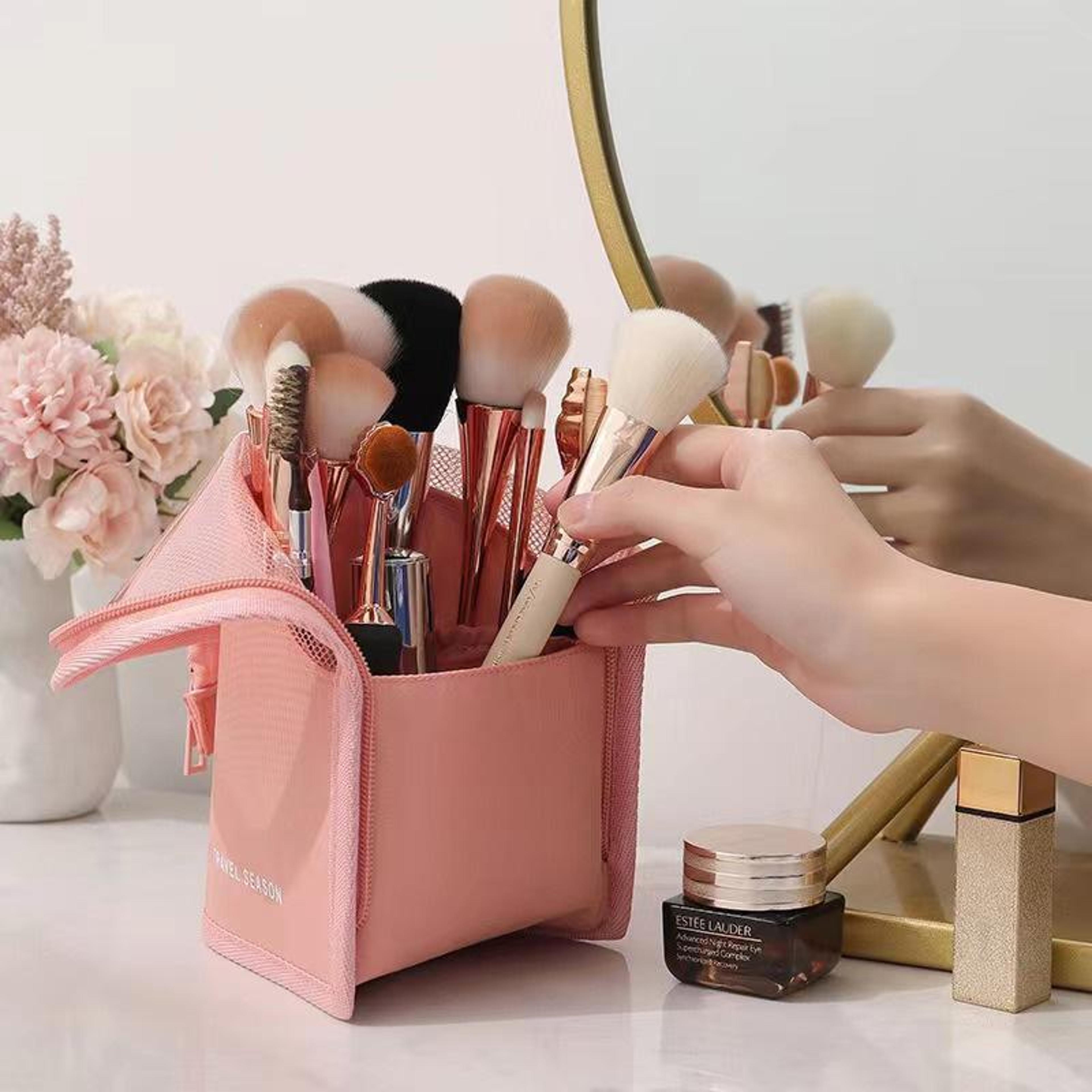 large capacity mesh cosmetic bag organizer with compartments for makeup brushes & travel essentials