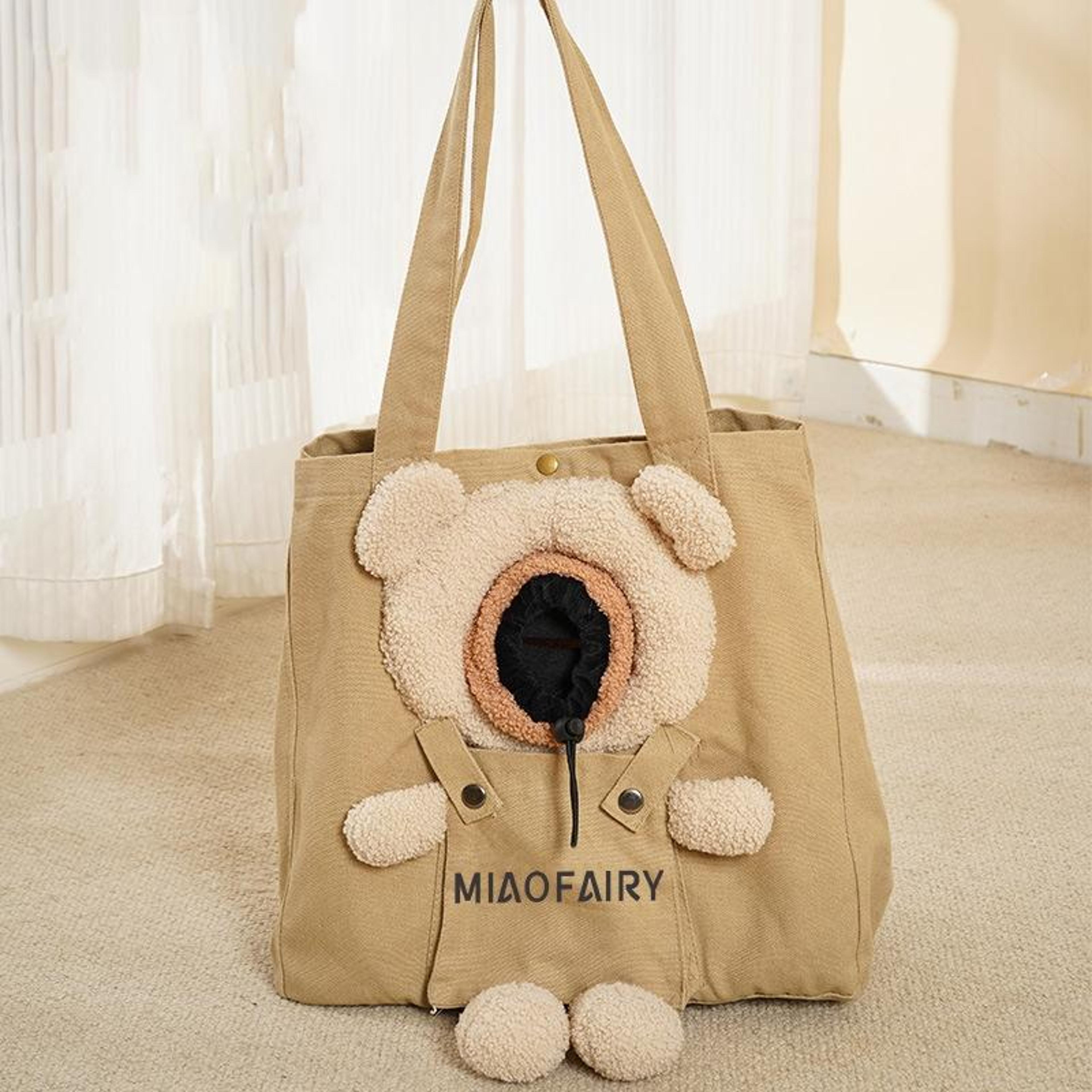 portable canvas cat carrier shoulder bag, pet travel bag for small dogs, bear khaki sling carrier
