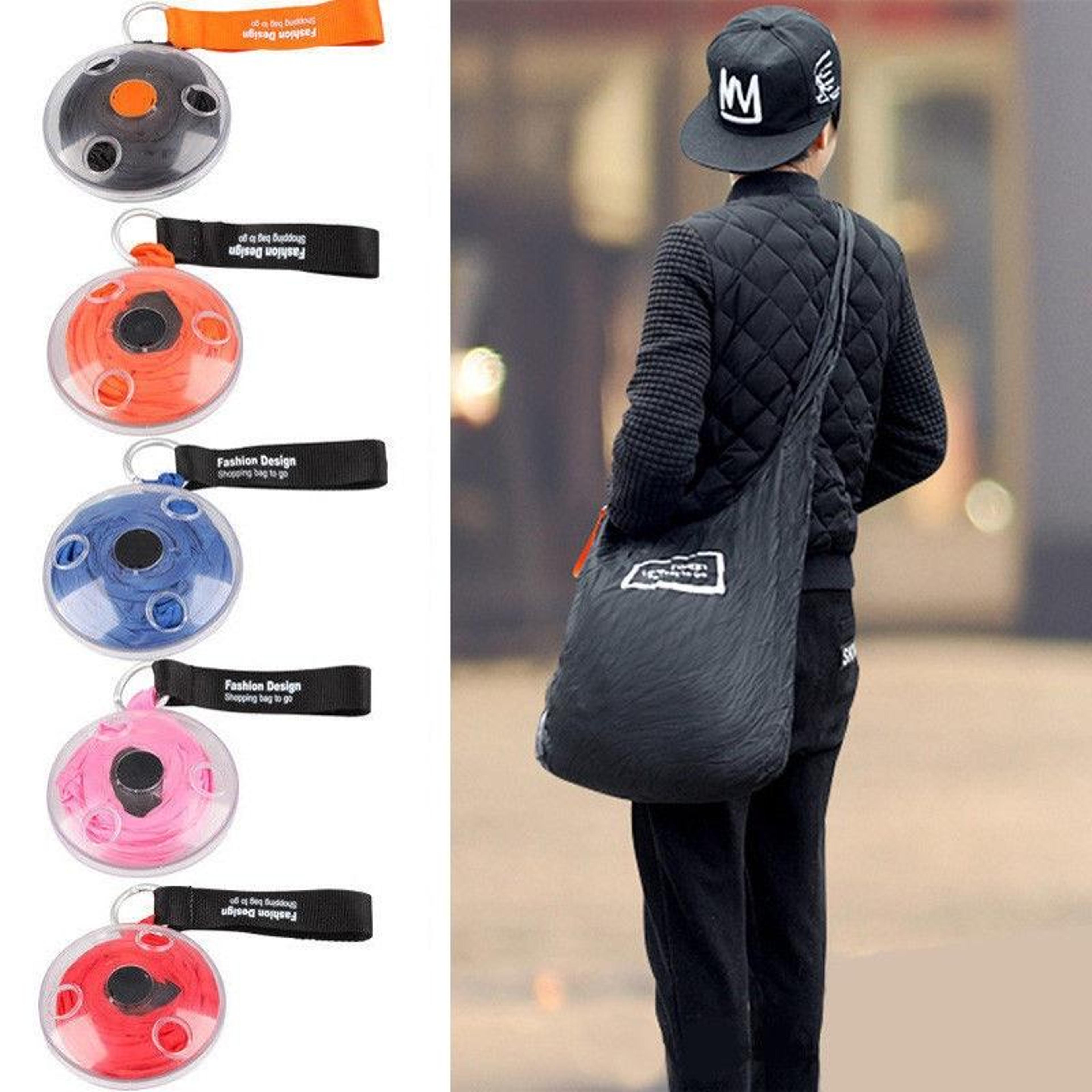 packable reusable shopping bag with carabiner clip, foldable nylon tote
