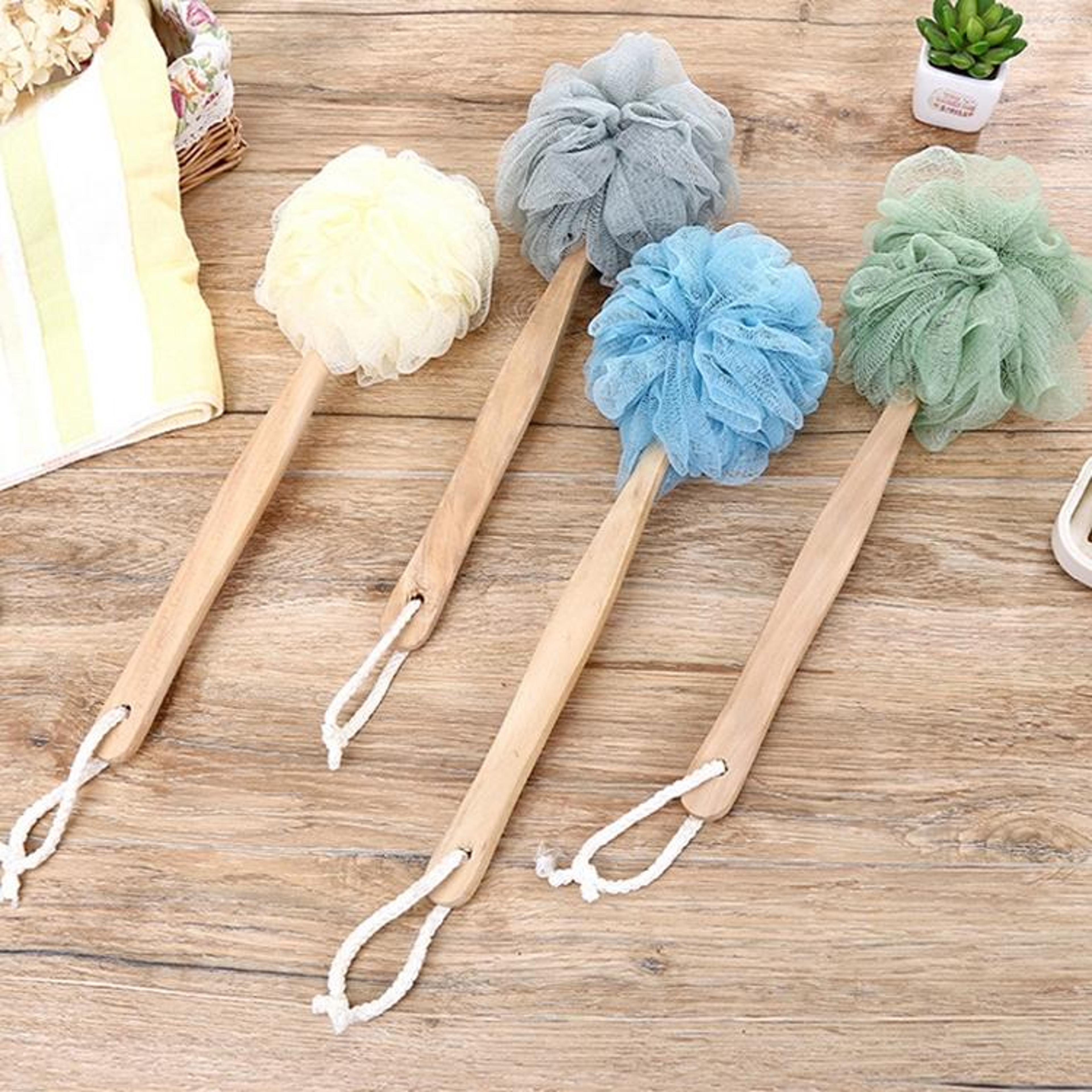 long handle soft mesh shower brush for back exfoliation and gentle body cleansing