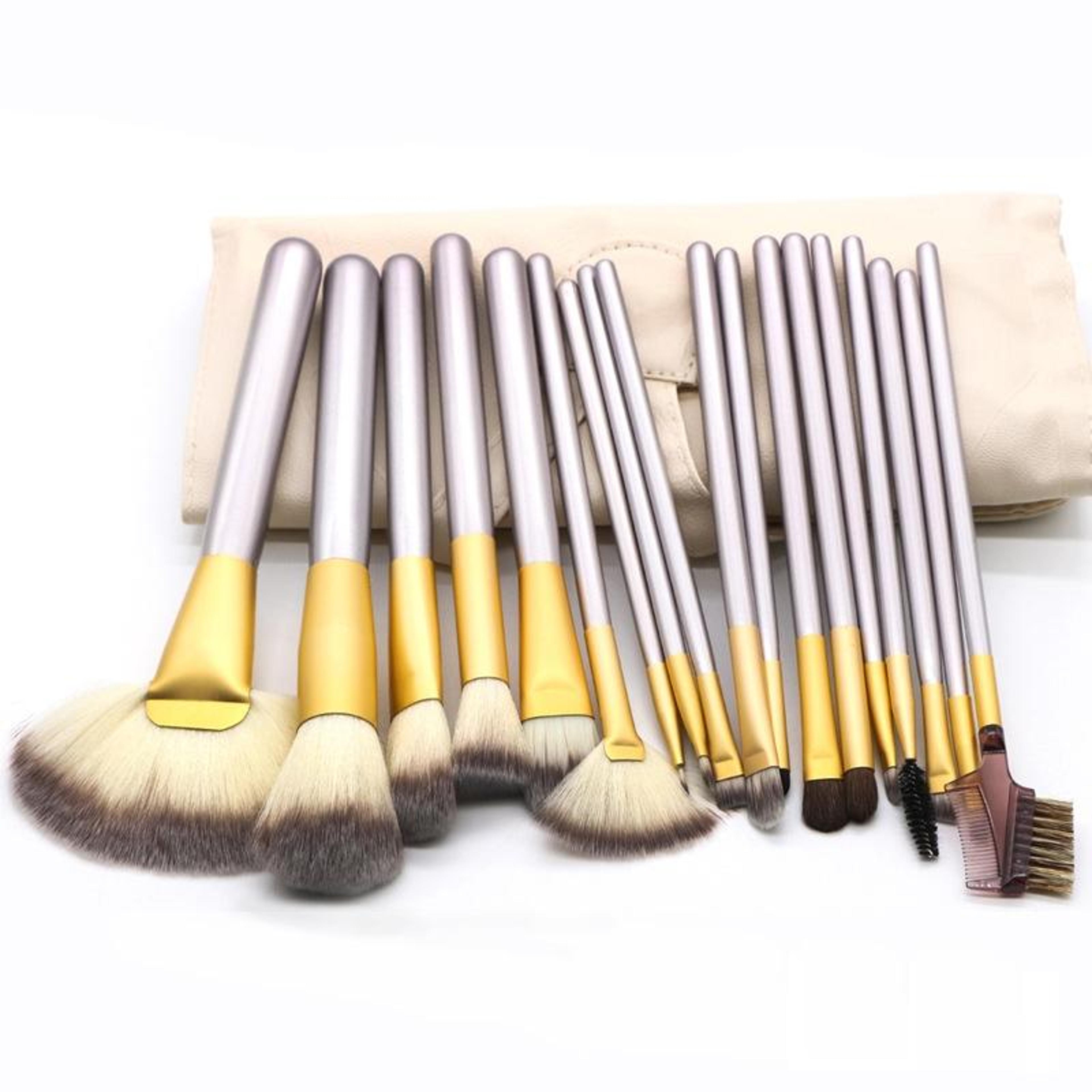 professional 18 piece makeup brush set premium beige cosmetic brushes kit with travel case