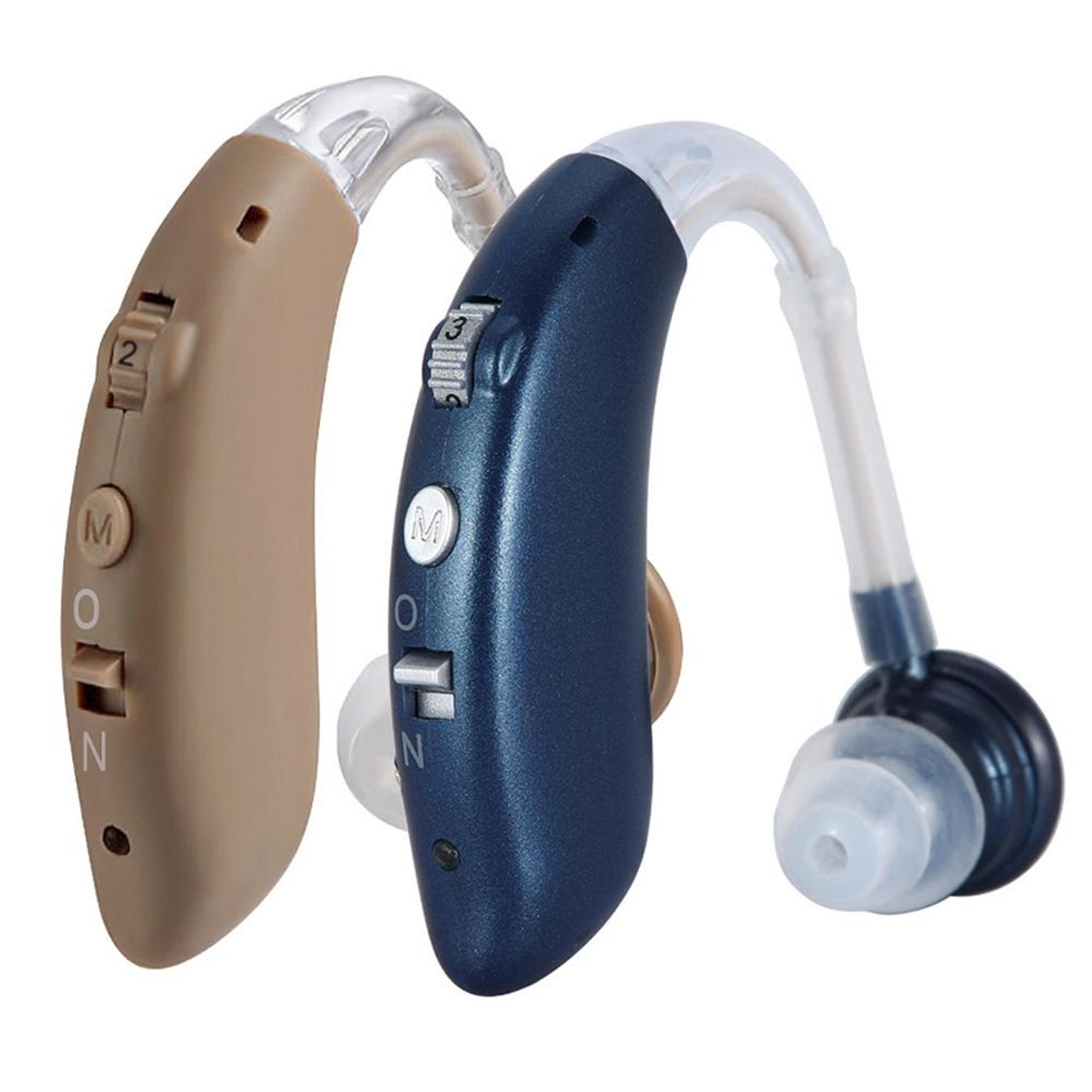 rechargeable hearing aid amplifier with earhook comfort and noise reduction