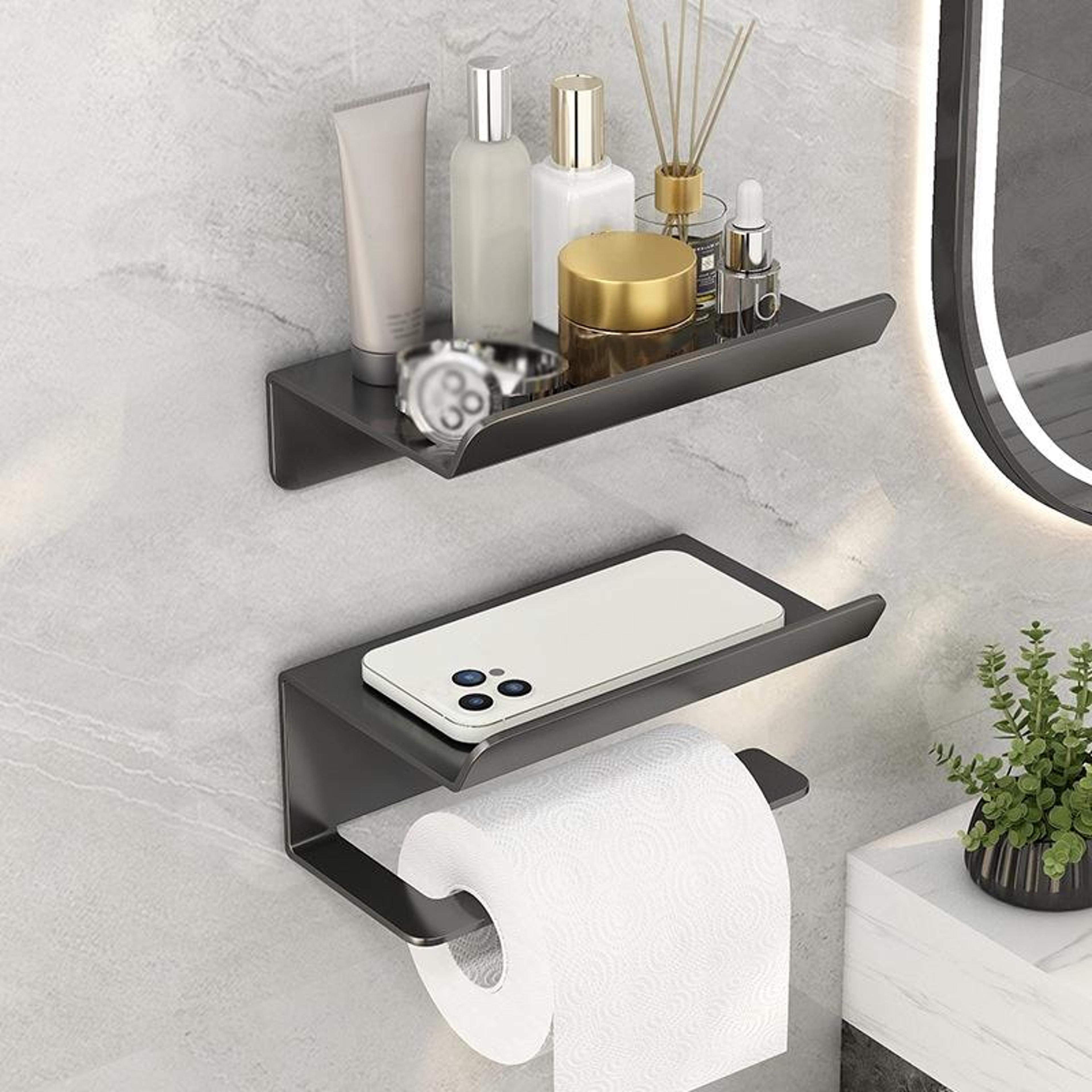 adhesive toilet paper holder with shelf rustproof bathroom storage organizer