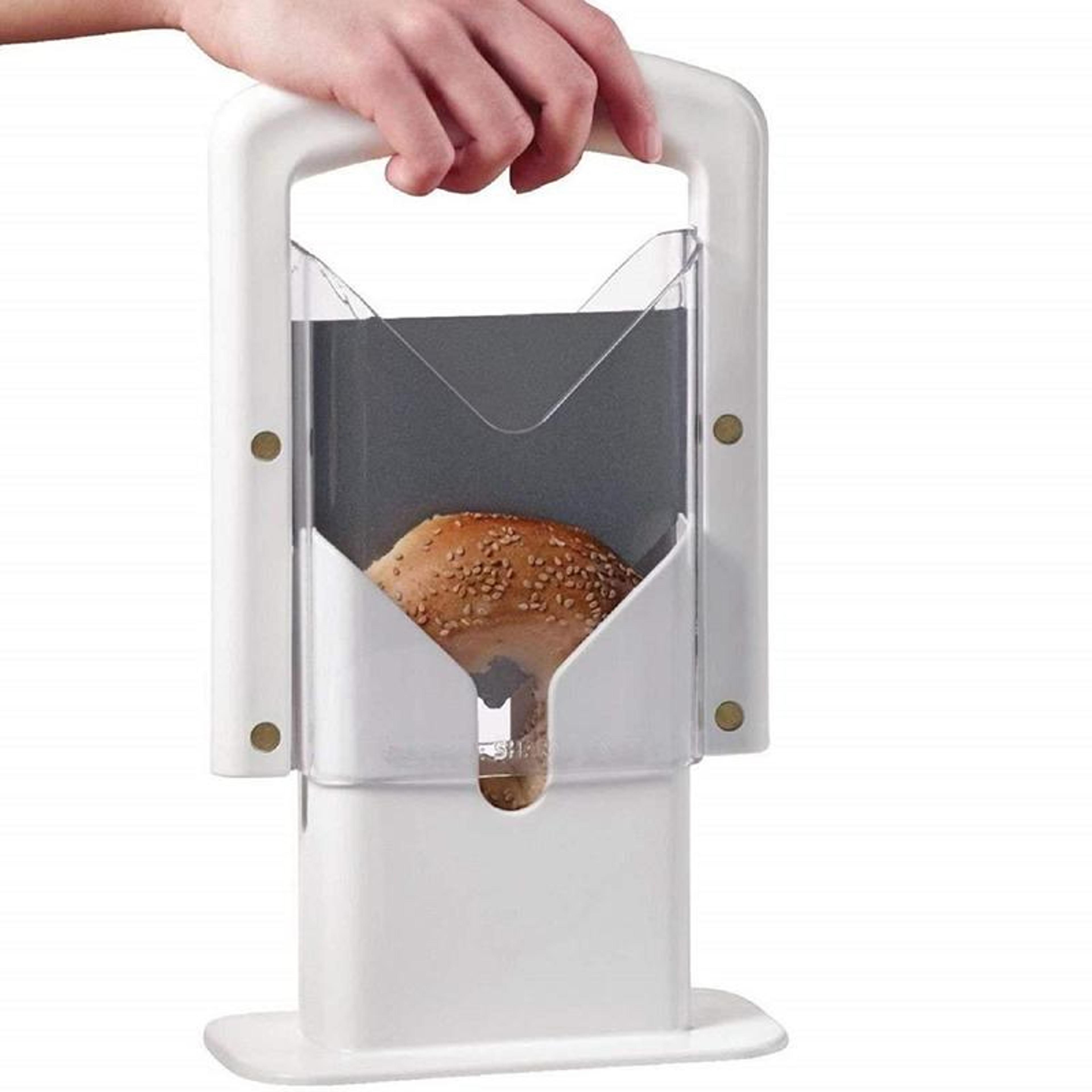 bagel guillotine slicer, bread cutter kitchen tool with safety acrylic guard for bagels & muffins