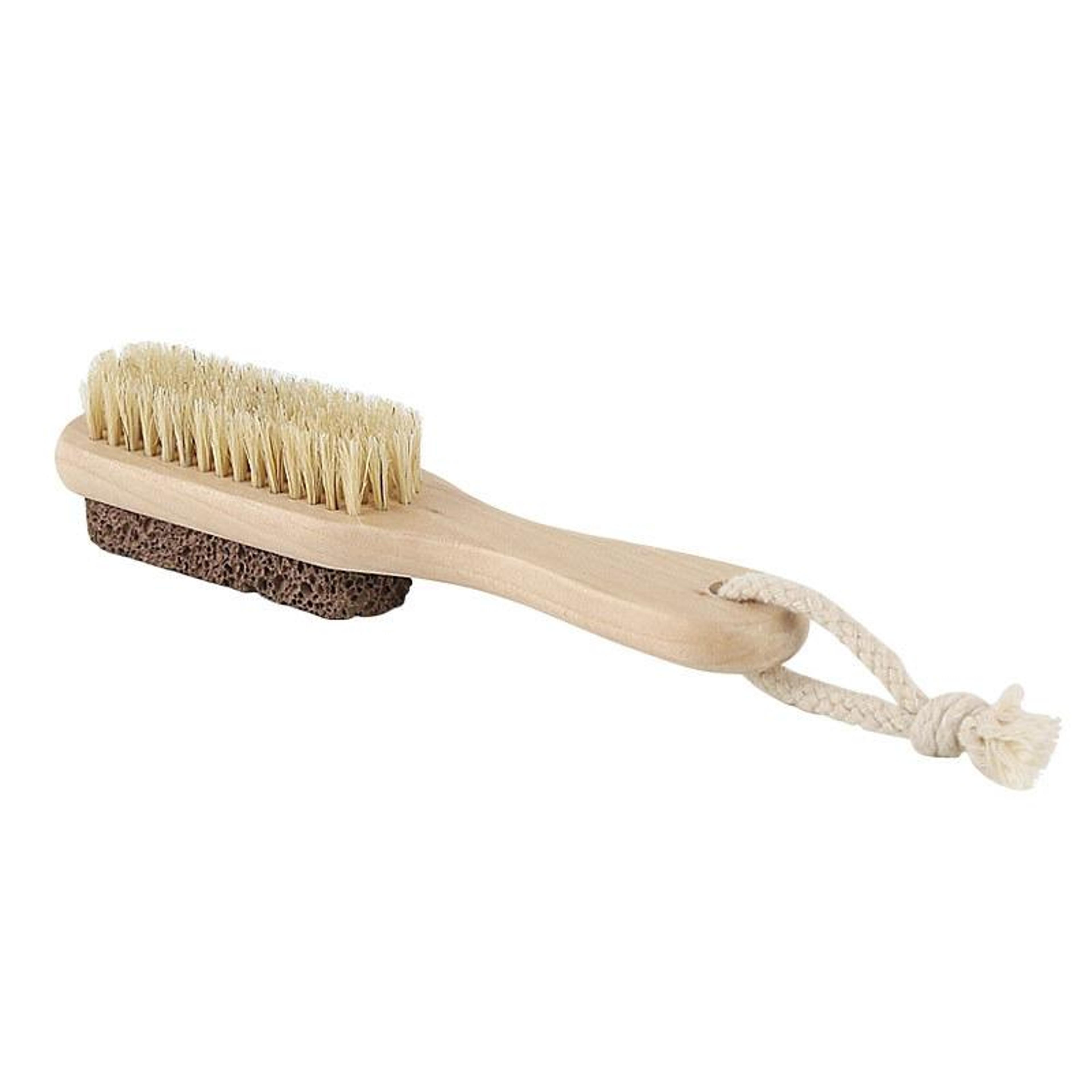 wooden foot scrubber with pumice stone and bristle brush