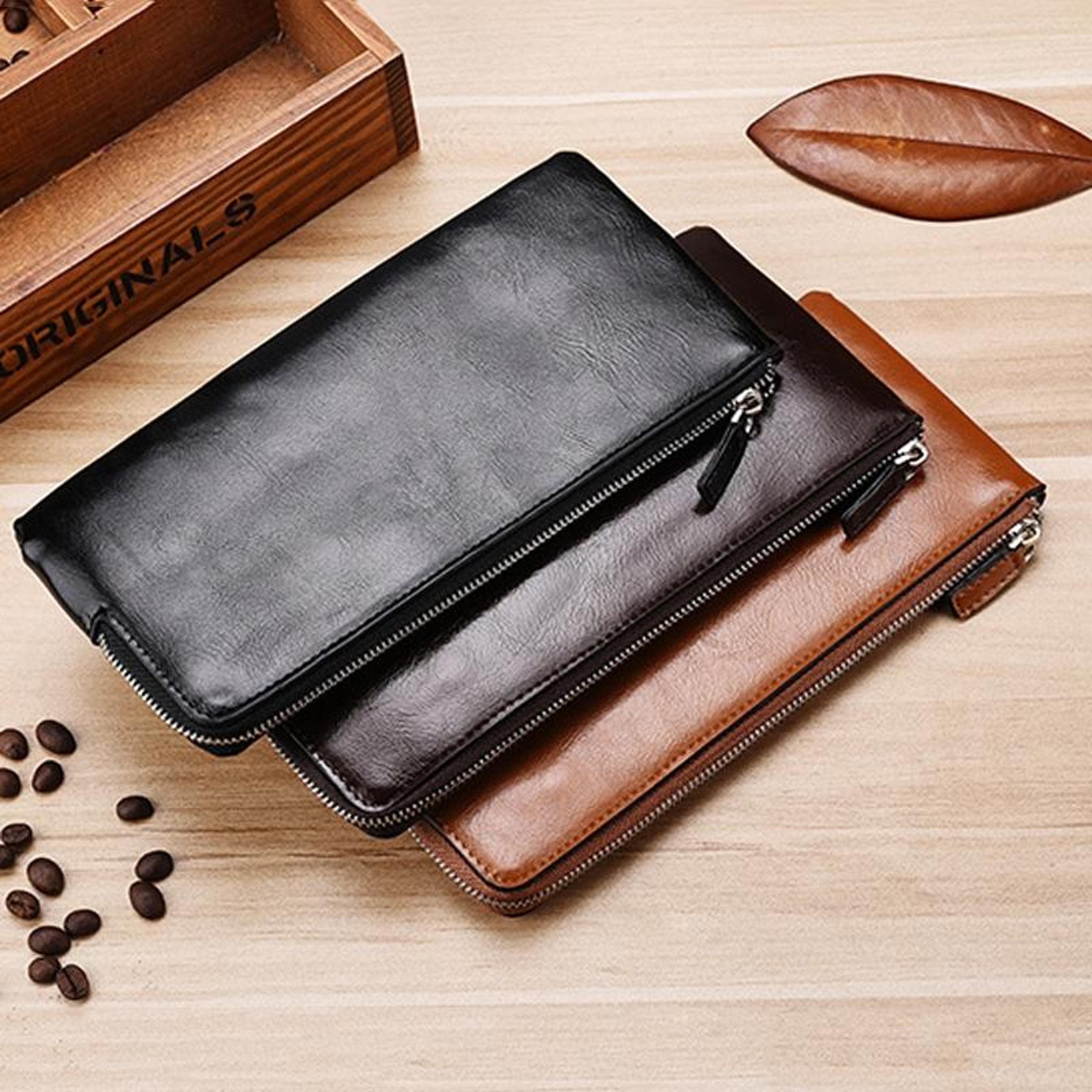 slim leather zipper wallet clutch with phone holder for men