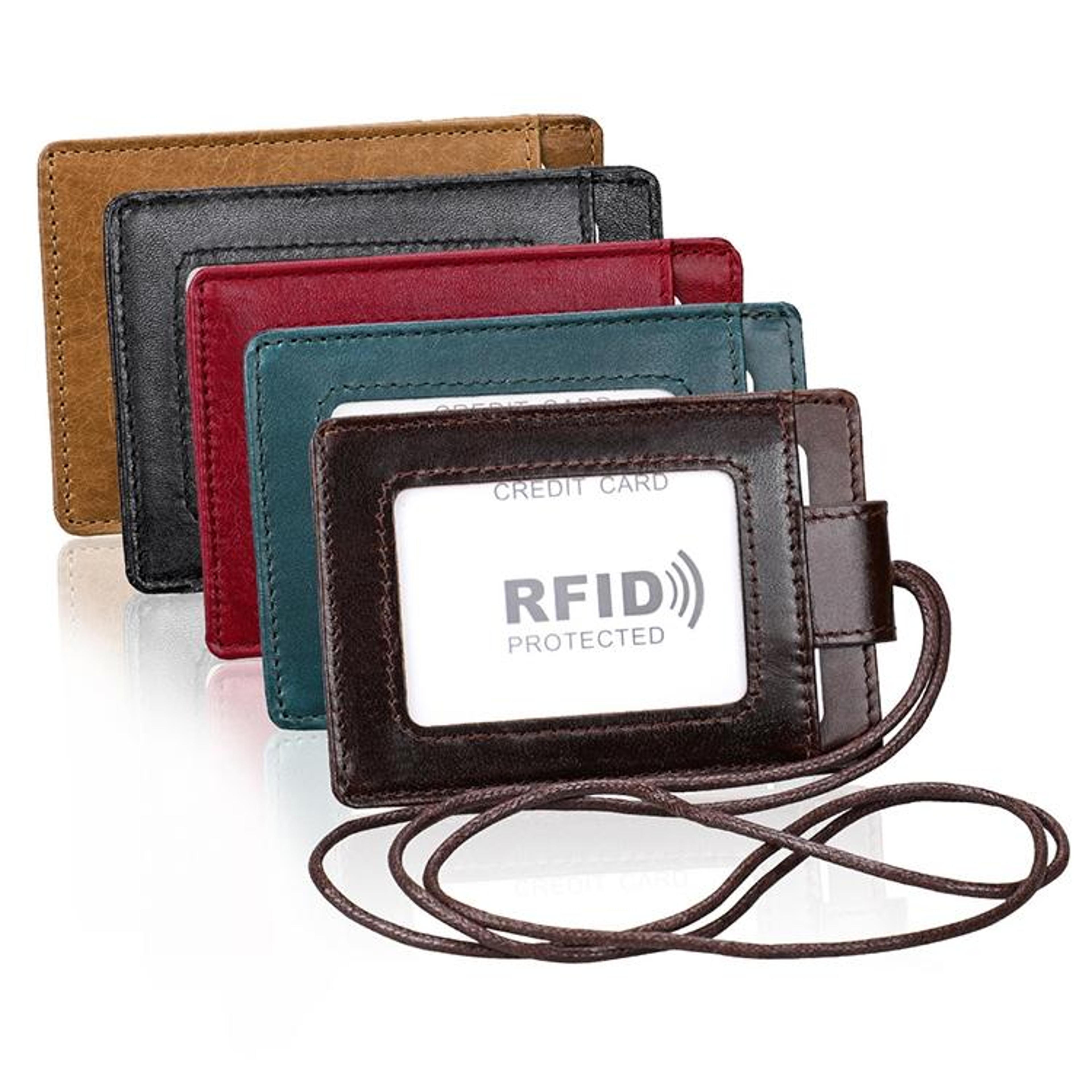 premium rfid blocking leather id badge holder with lanyard slim card wallet