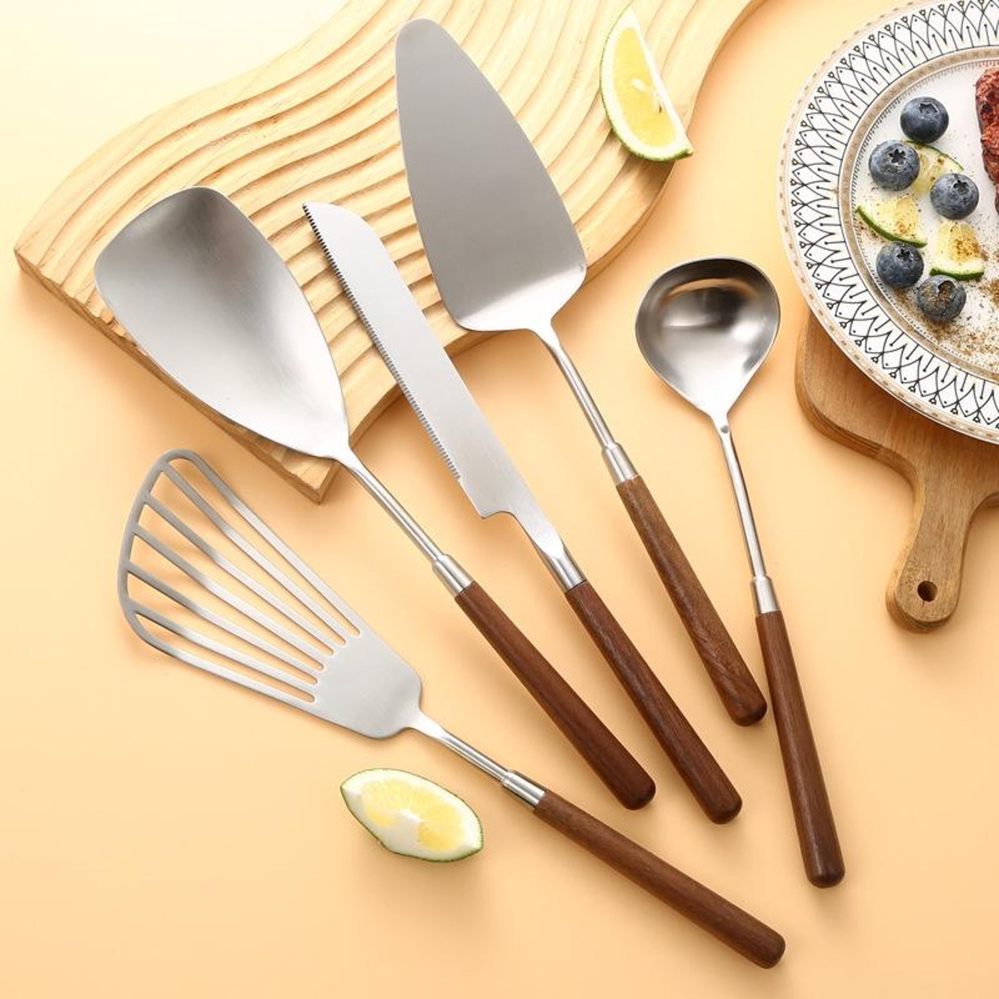 walnut handle stainless steel cooking utensil set heat resistant kitchen tools