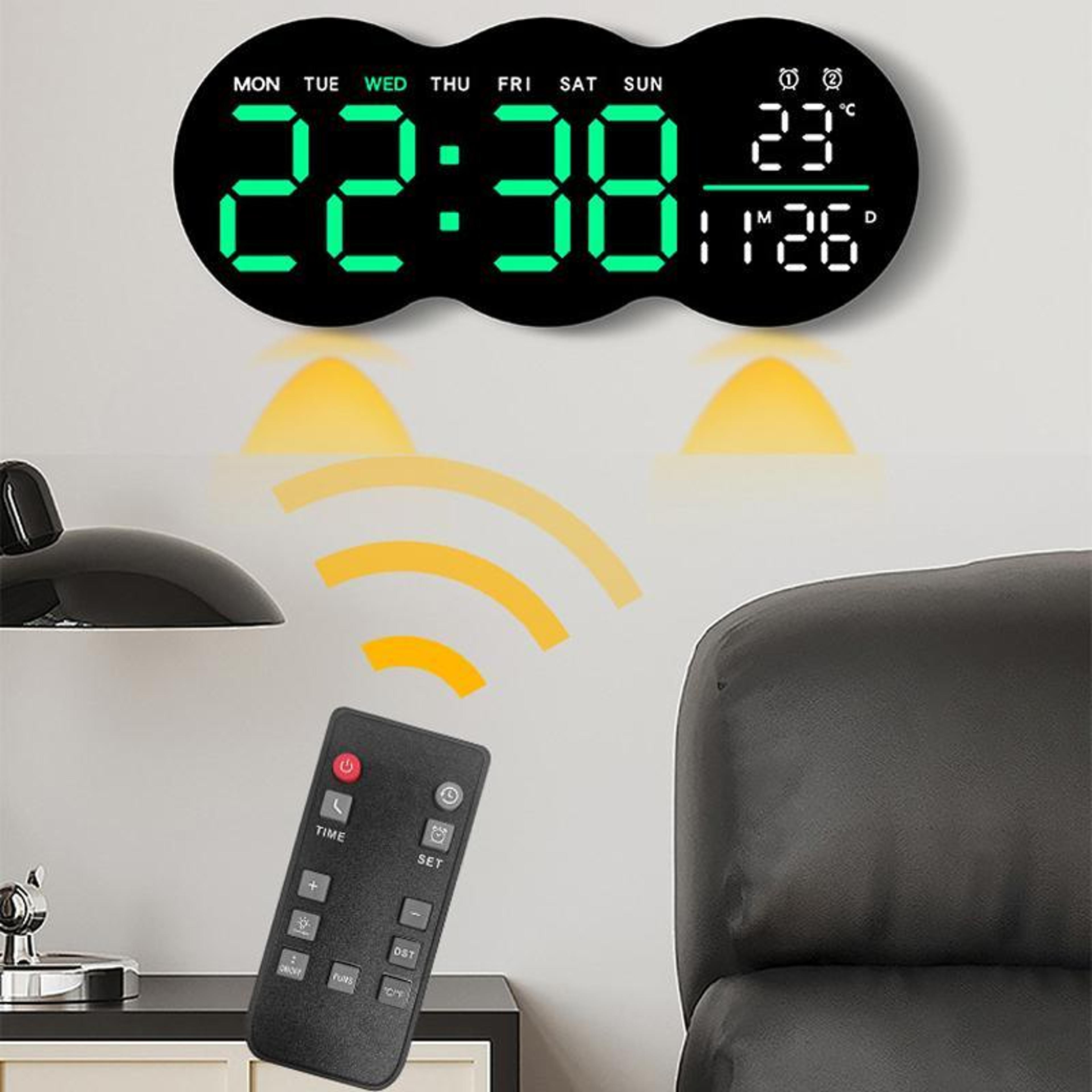 smart led wall clock with remote control, alarm, temperature display & warm night light