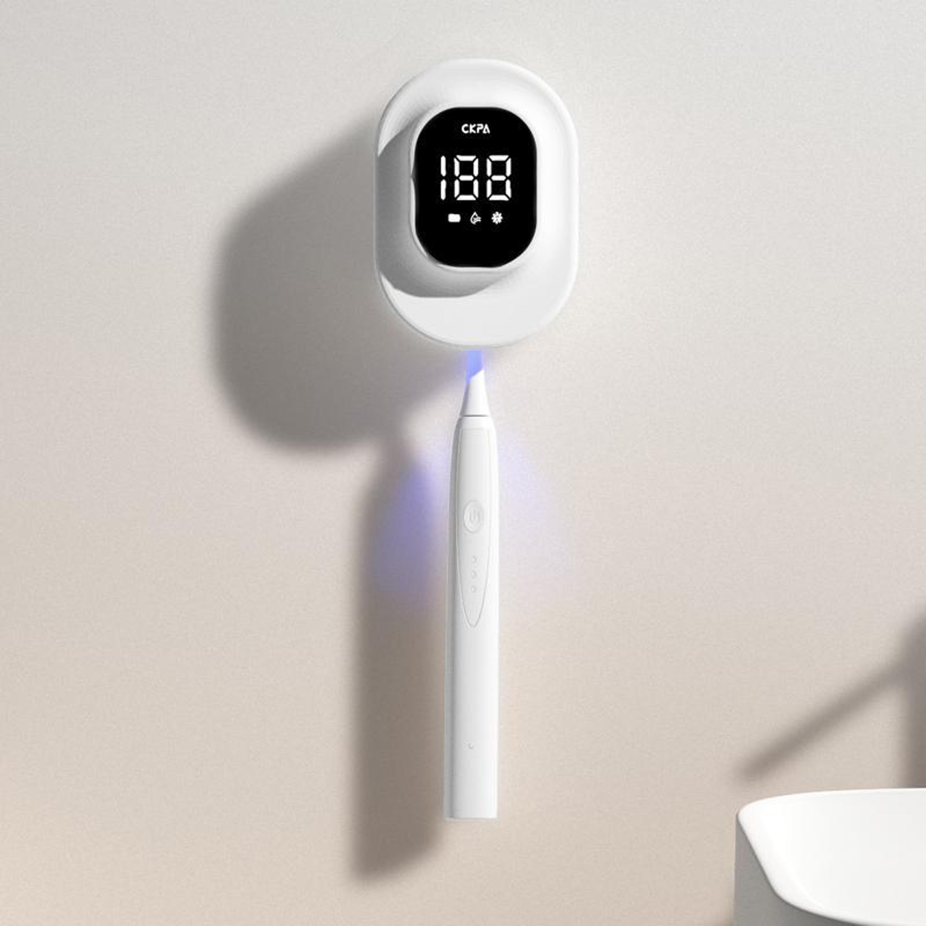 uv toothbrush sanitizer holder with smart display & rechargeable wall mount