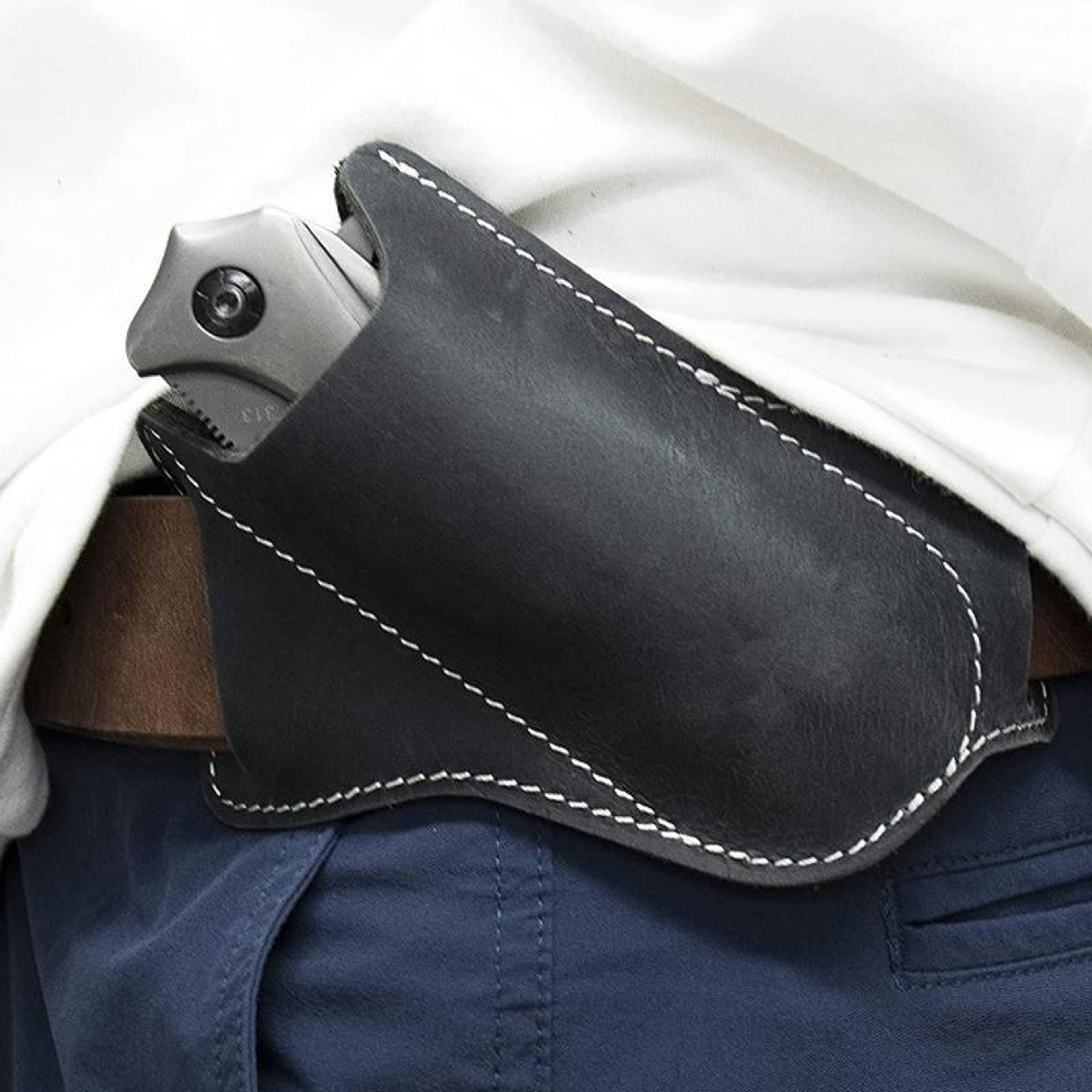 cowhide folding knife sheath belt pouch for camping, hunting & everyday carry