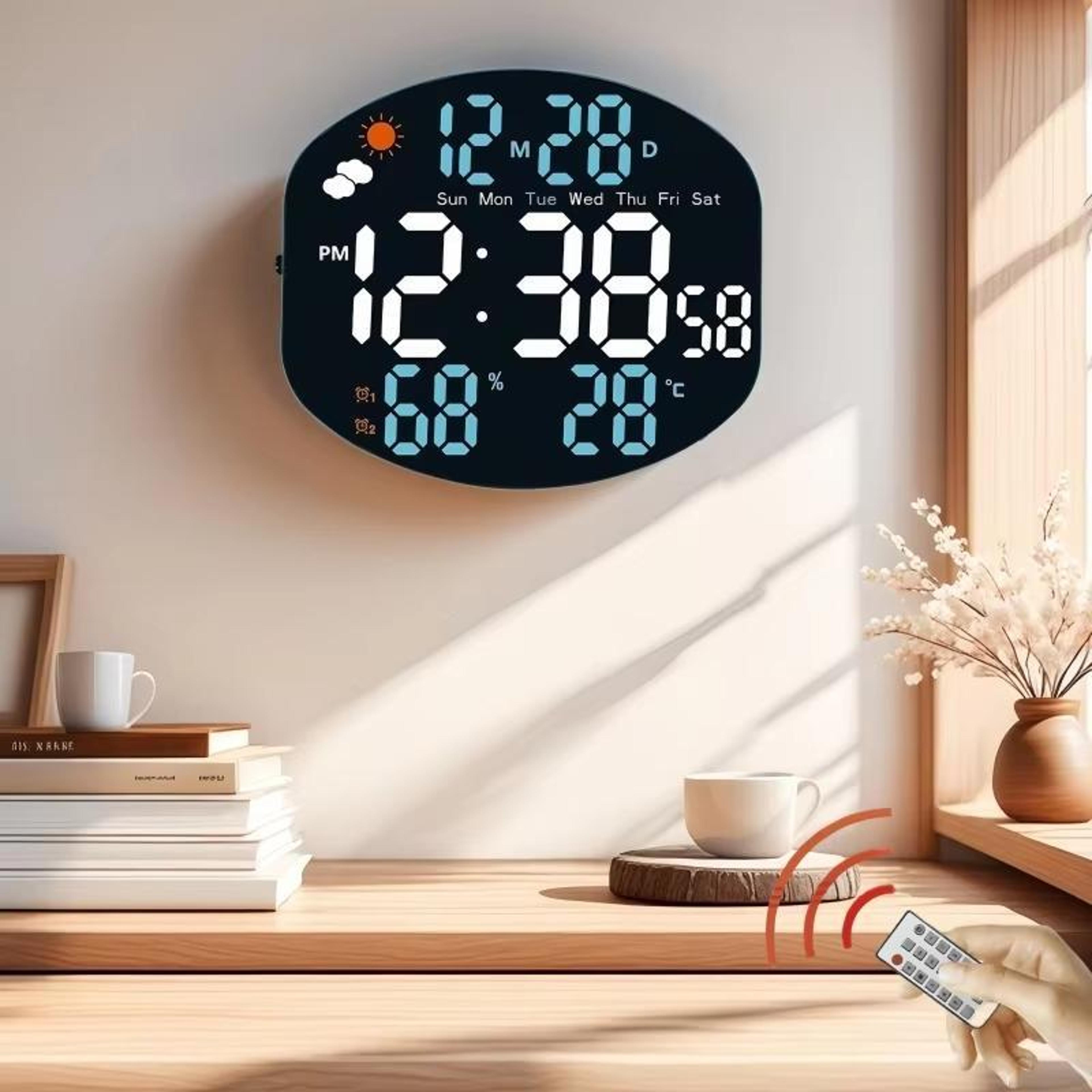 smart led digital wall clock with weather station, remote control & dual alarm display
