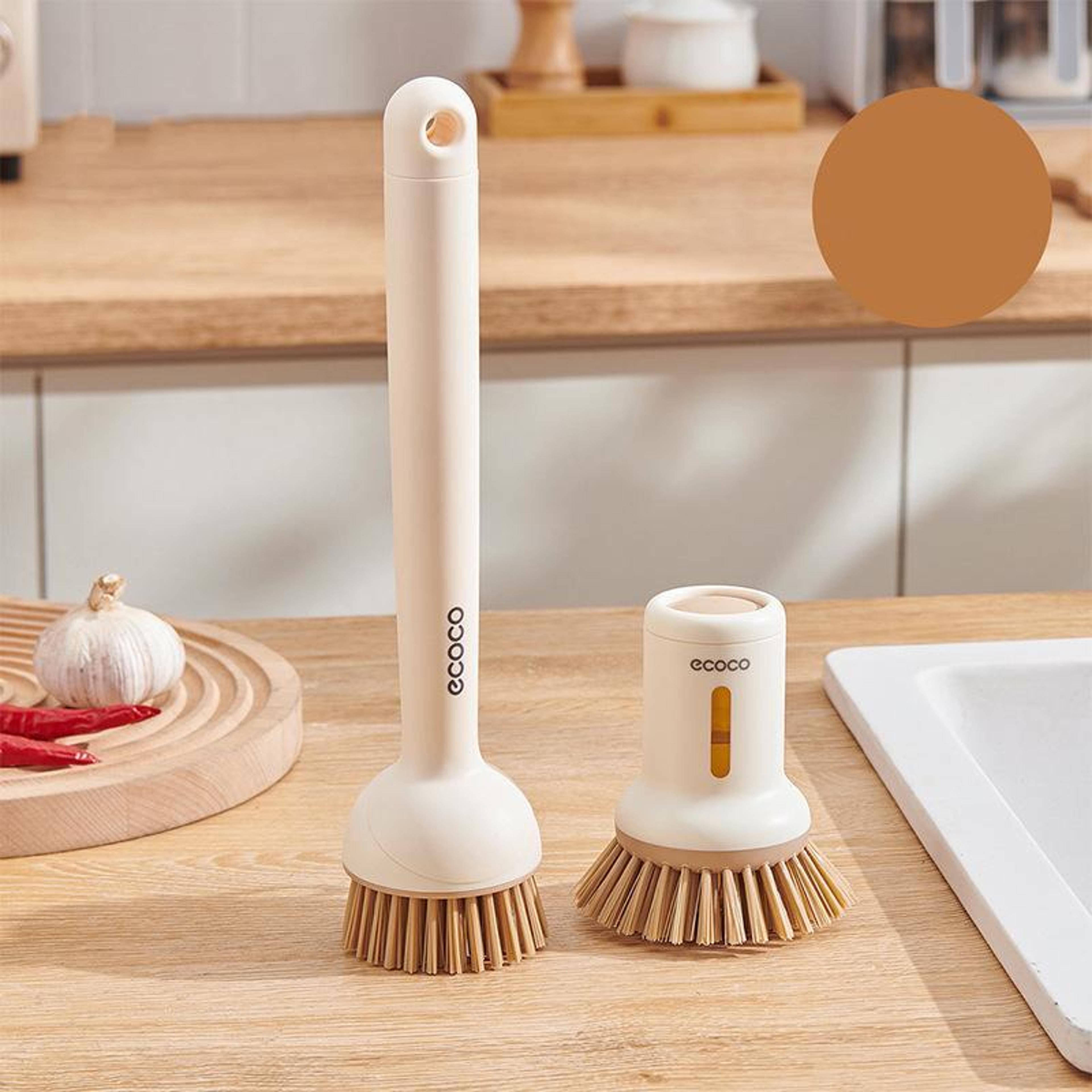 2pcs dishwashing brush with soap dispenser & rotating long handle for pots and pans