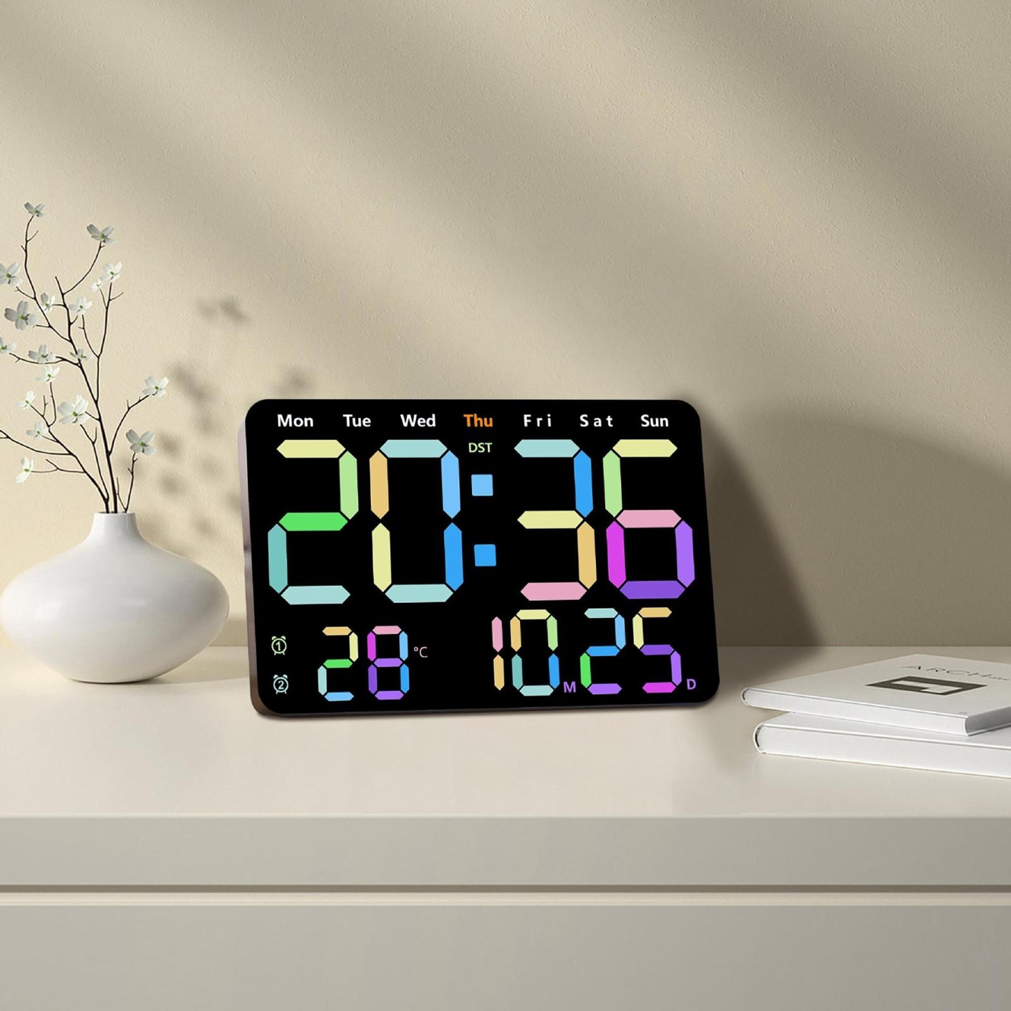 smart led digital wall clock with temperature display, auto dimming & silent alarm