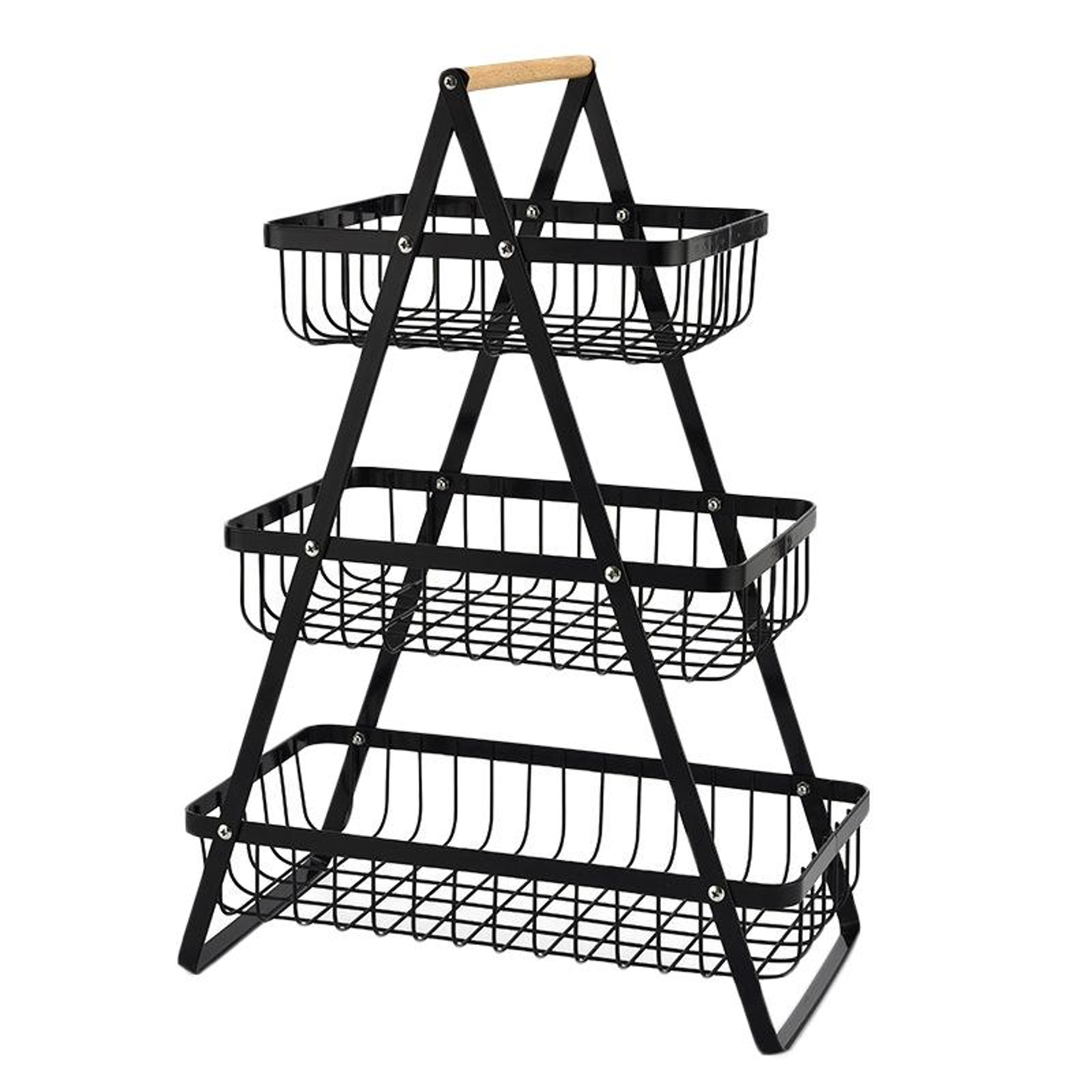 3-tier fruit basket organizer with wooden handle for kitchen counter storage