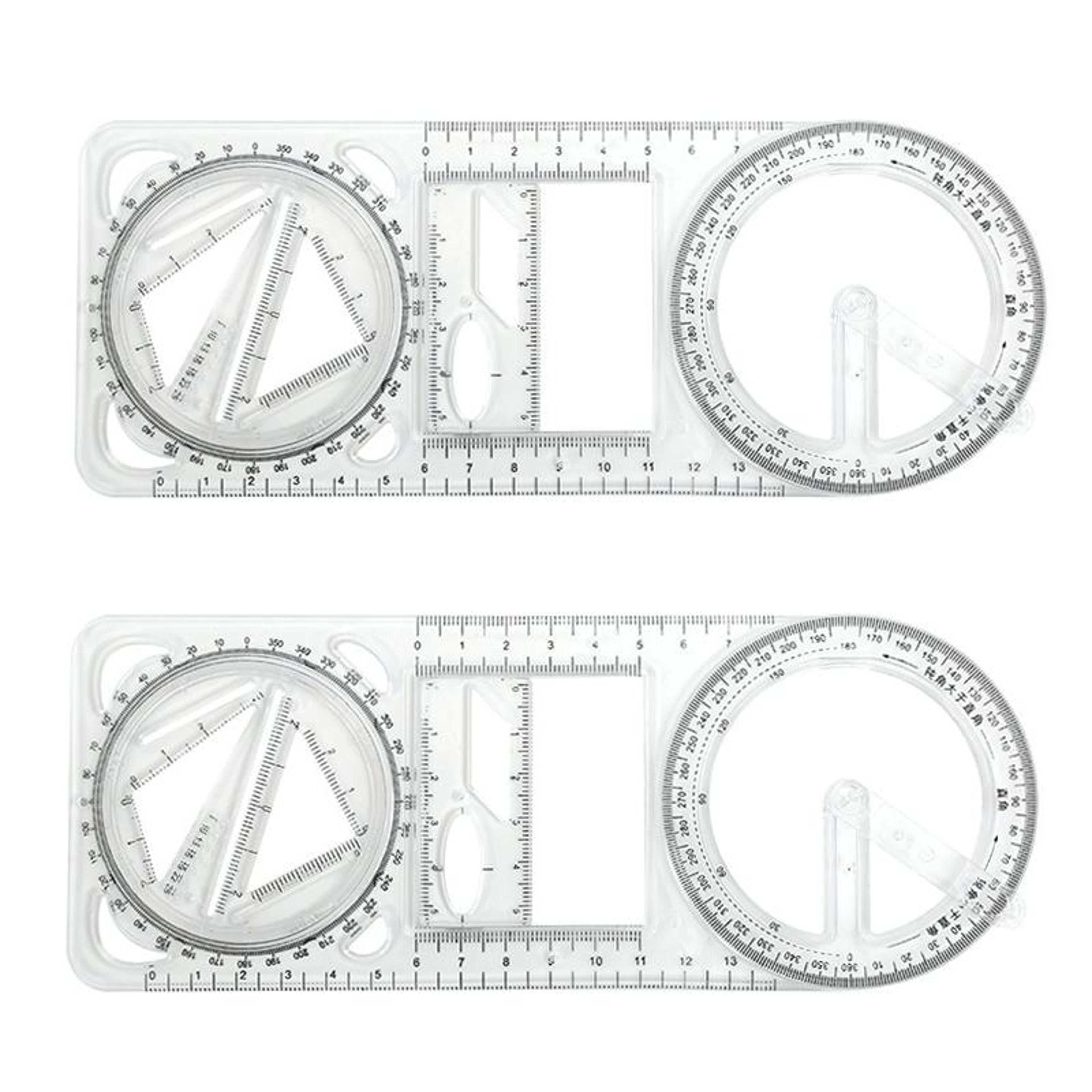 2pcs multifunctional drawing ruler set with rotating protractor and geometric drawing templates