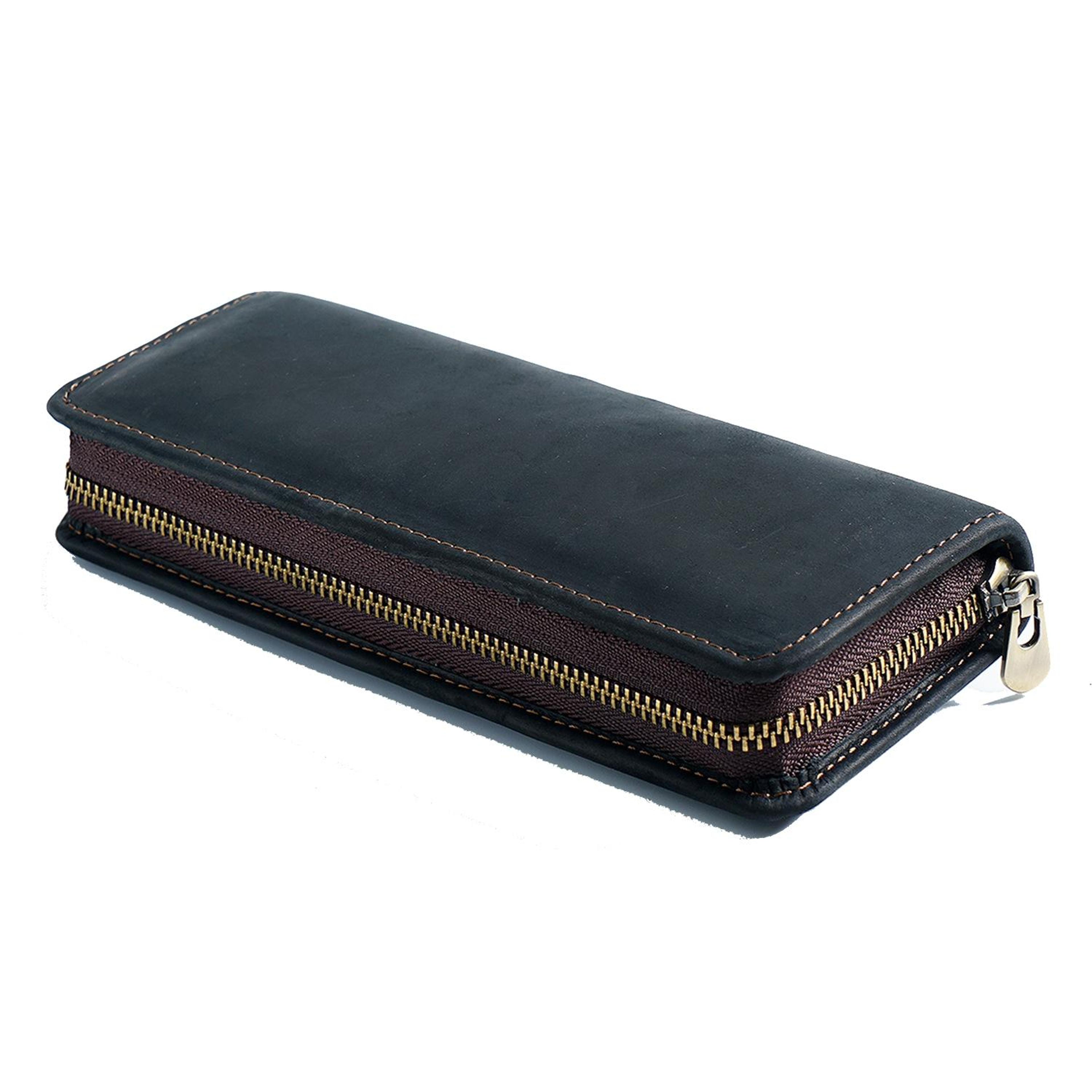 retro crazy horse leather pencil case, durable zipper pen organizer