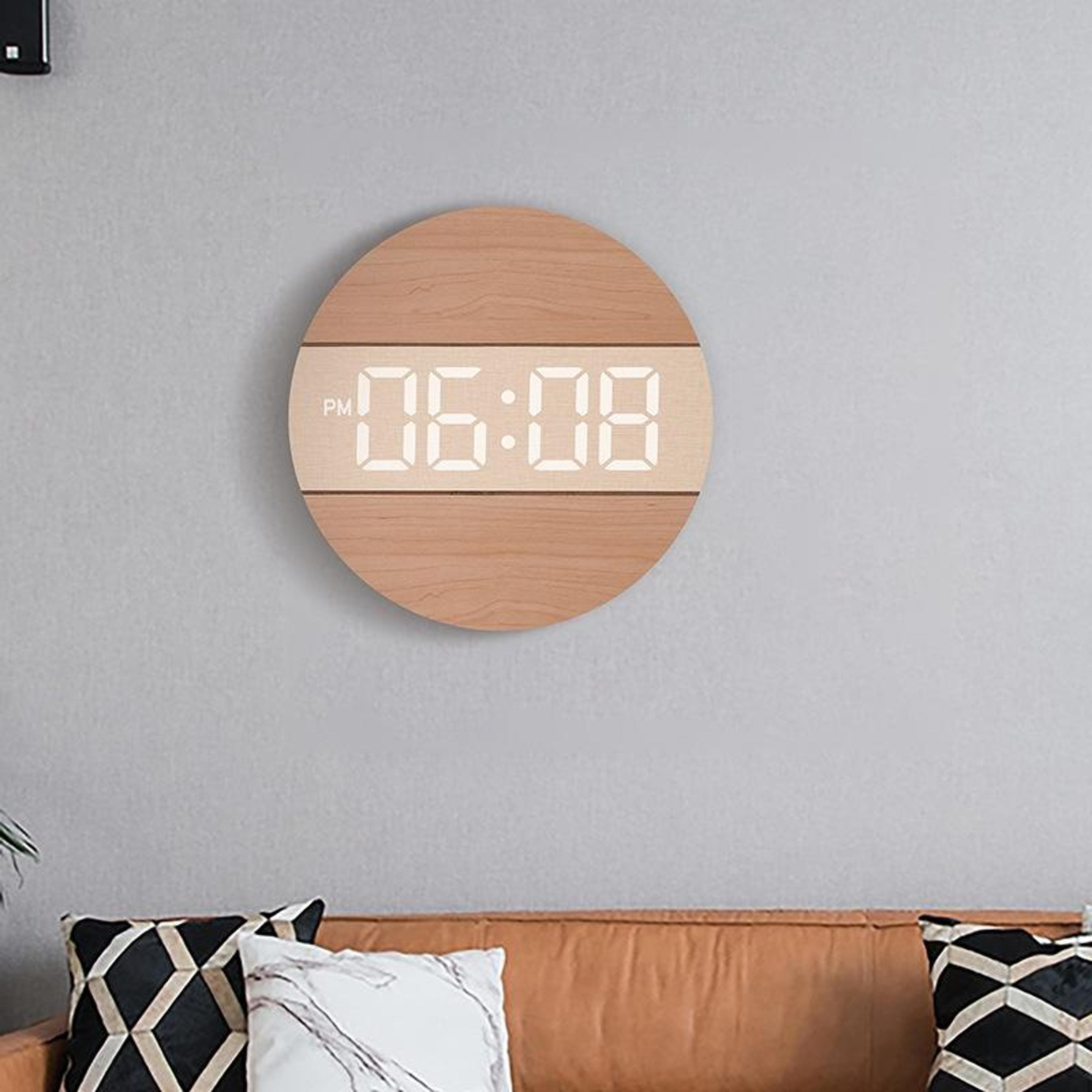 wooden digital wall clock for living room with brightness sensor