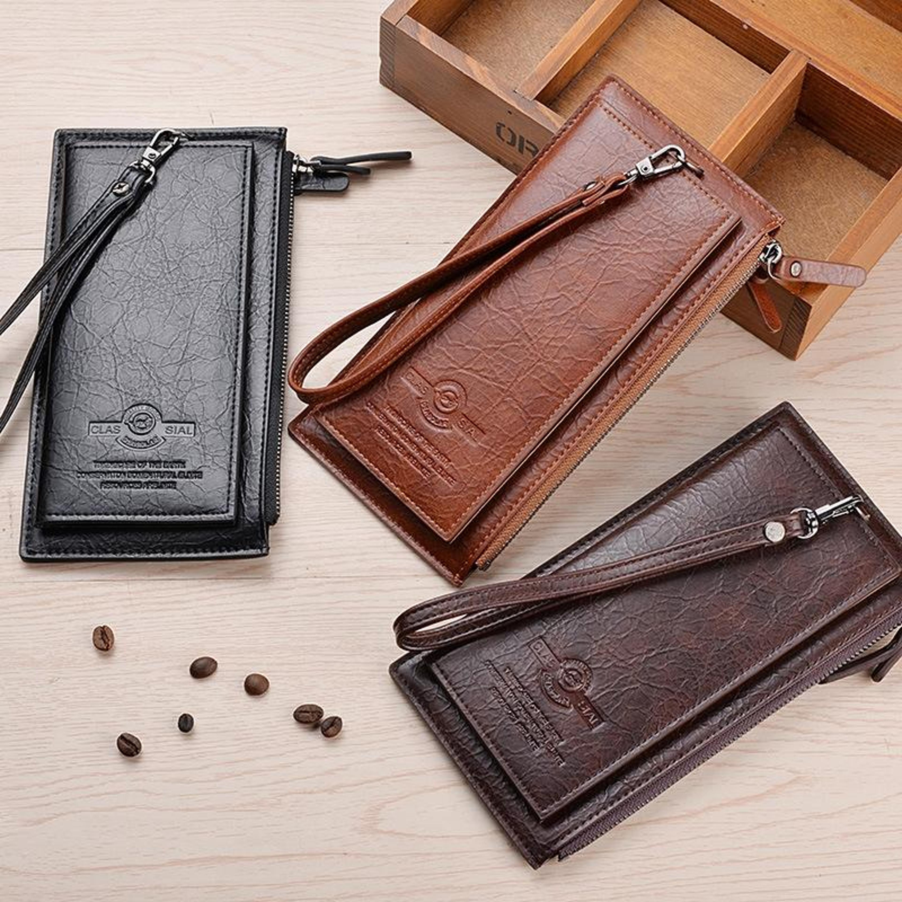 men retro long wallet with hand strap, pu leather clutch & mobile bag