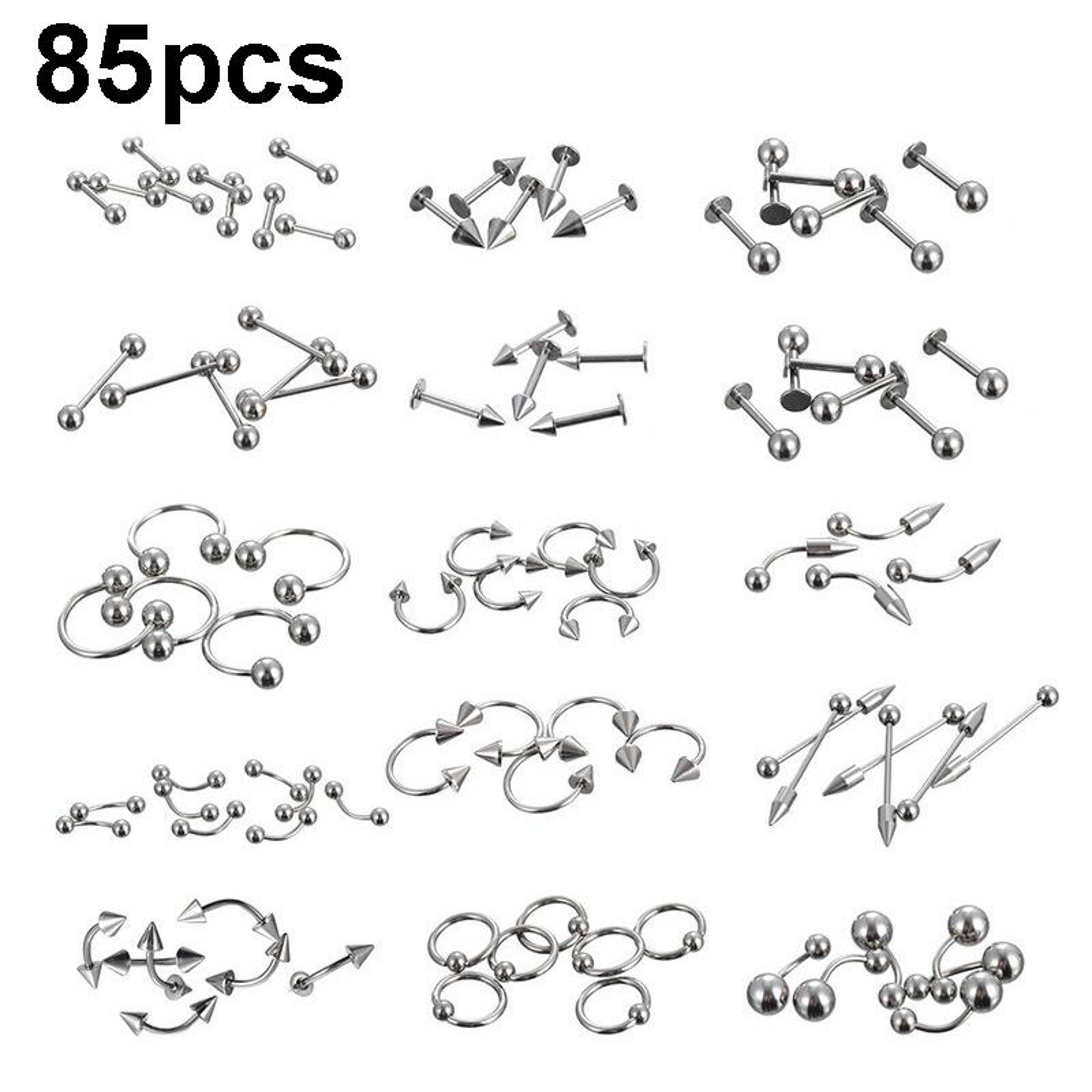 85pcs stainless steel piercing jewelry set for nose lip eyebrow