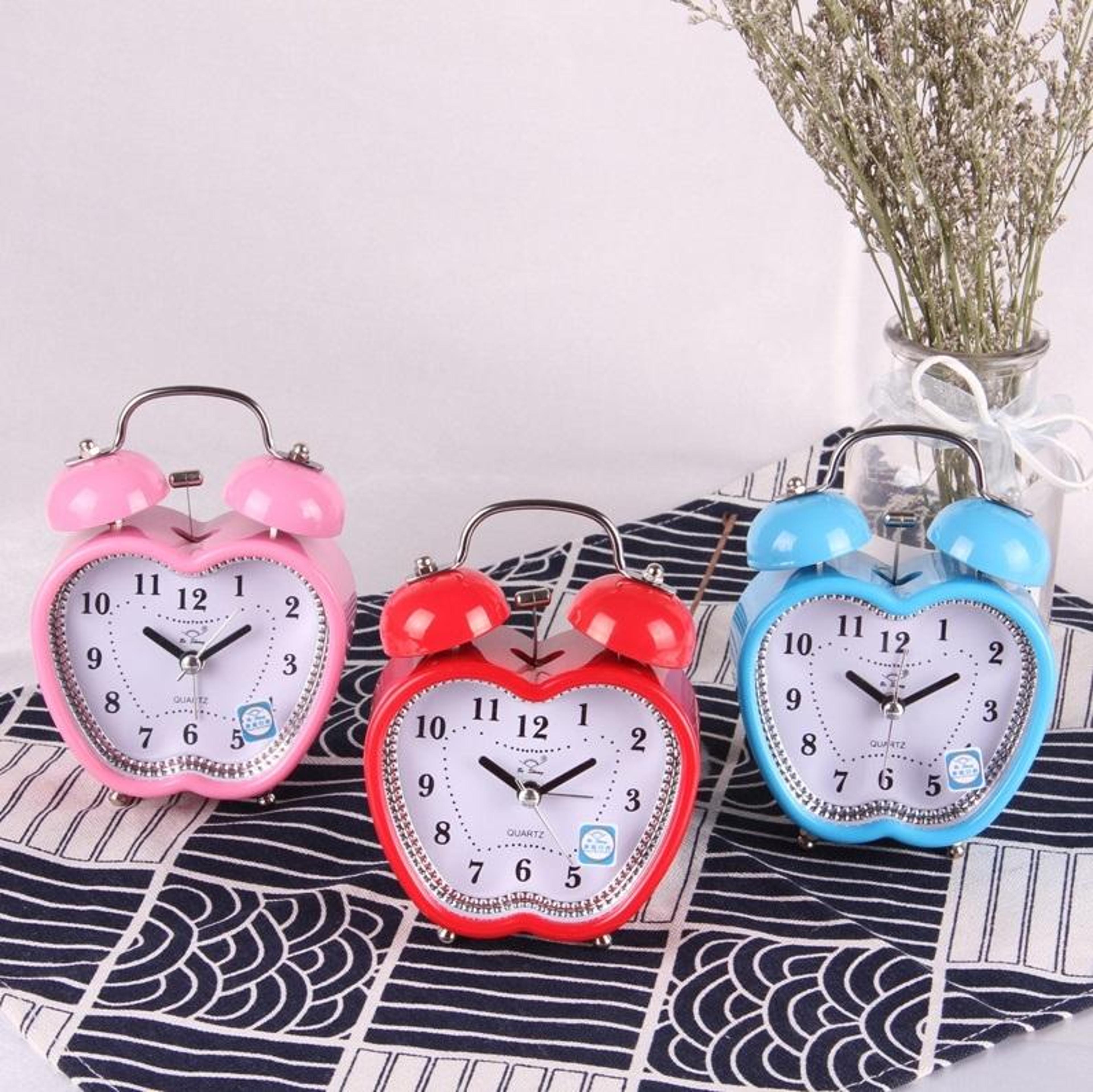 kids apple shape alarm clock with silent movement and metal twin bell for bedroom decor