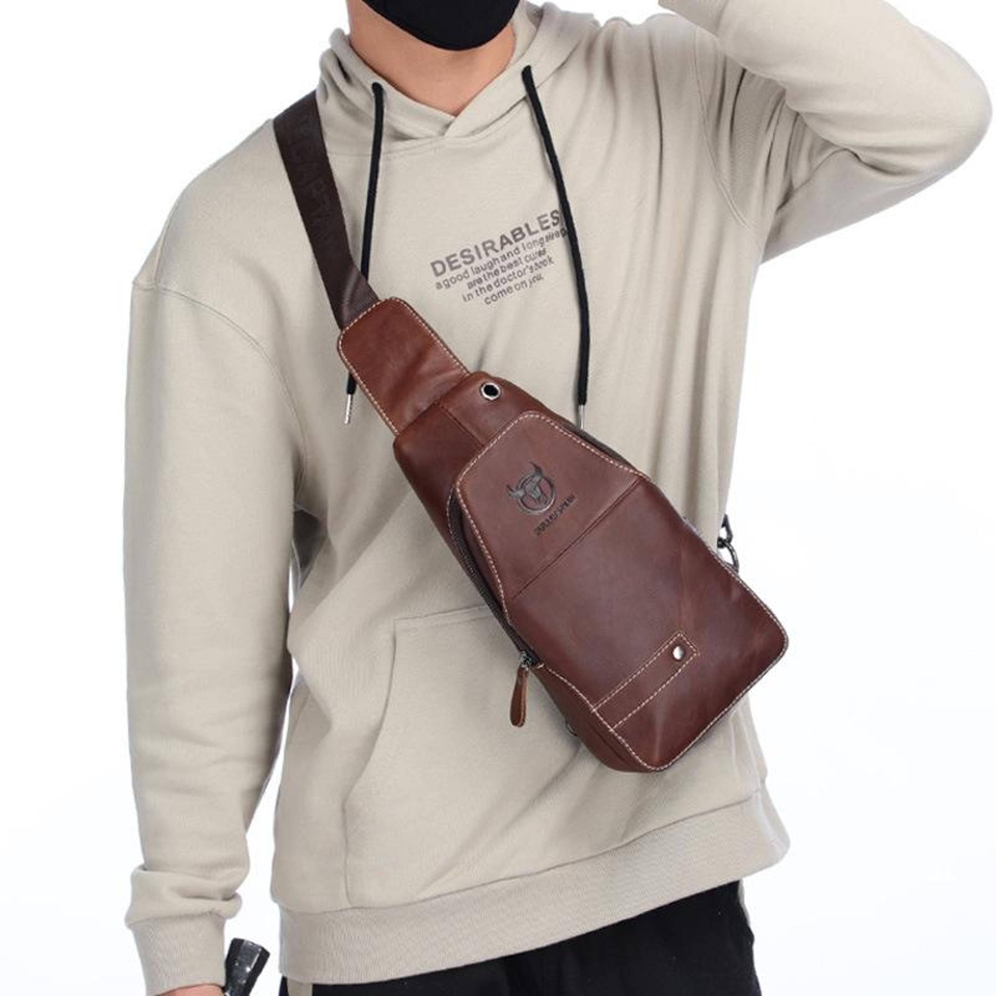 vintage first-layer cowhide leather chest bag for men waterproof crossbody shoulder sling bag