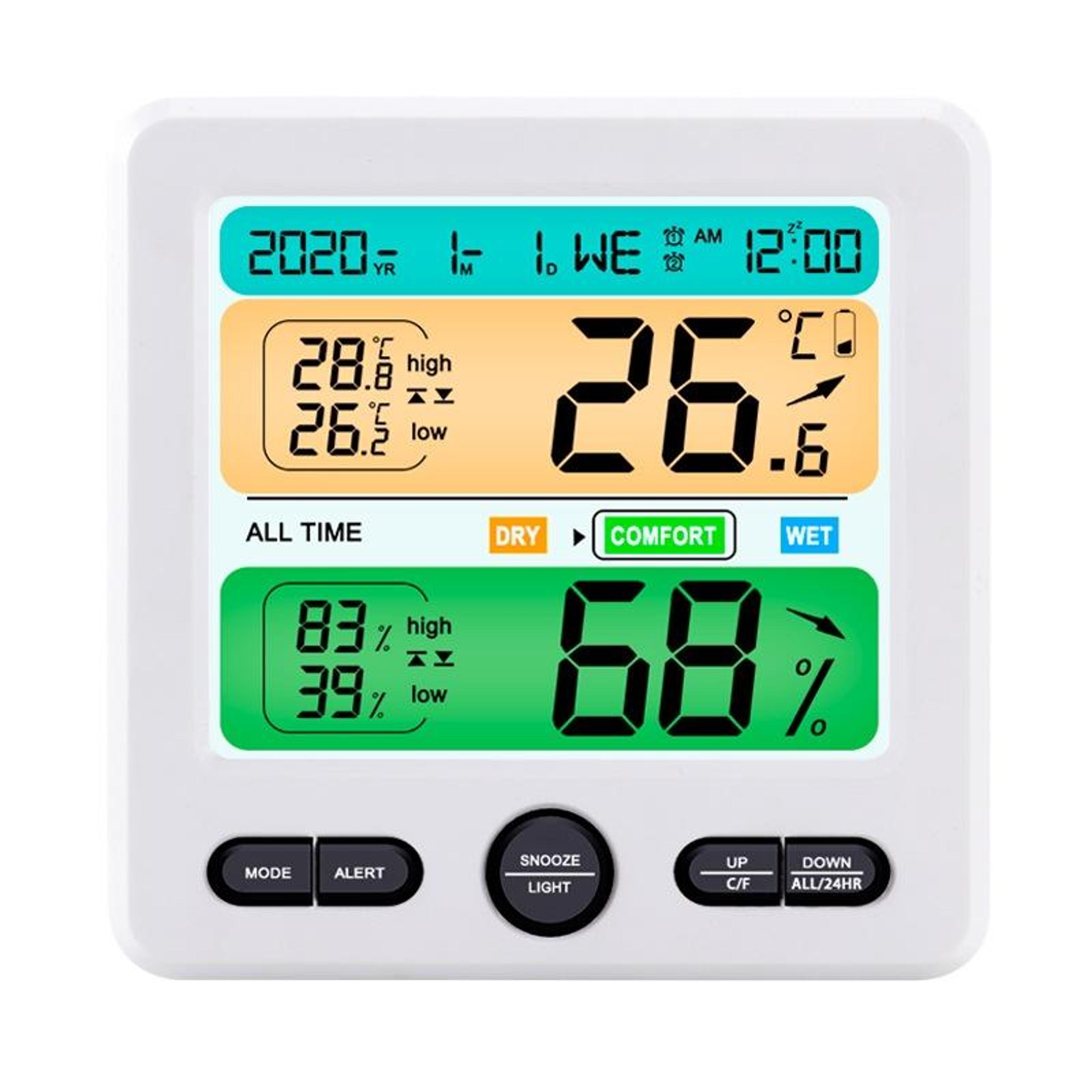 digital thermometer hygrometer with large color display & alarm clock