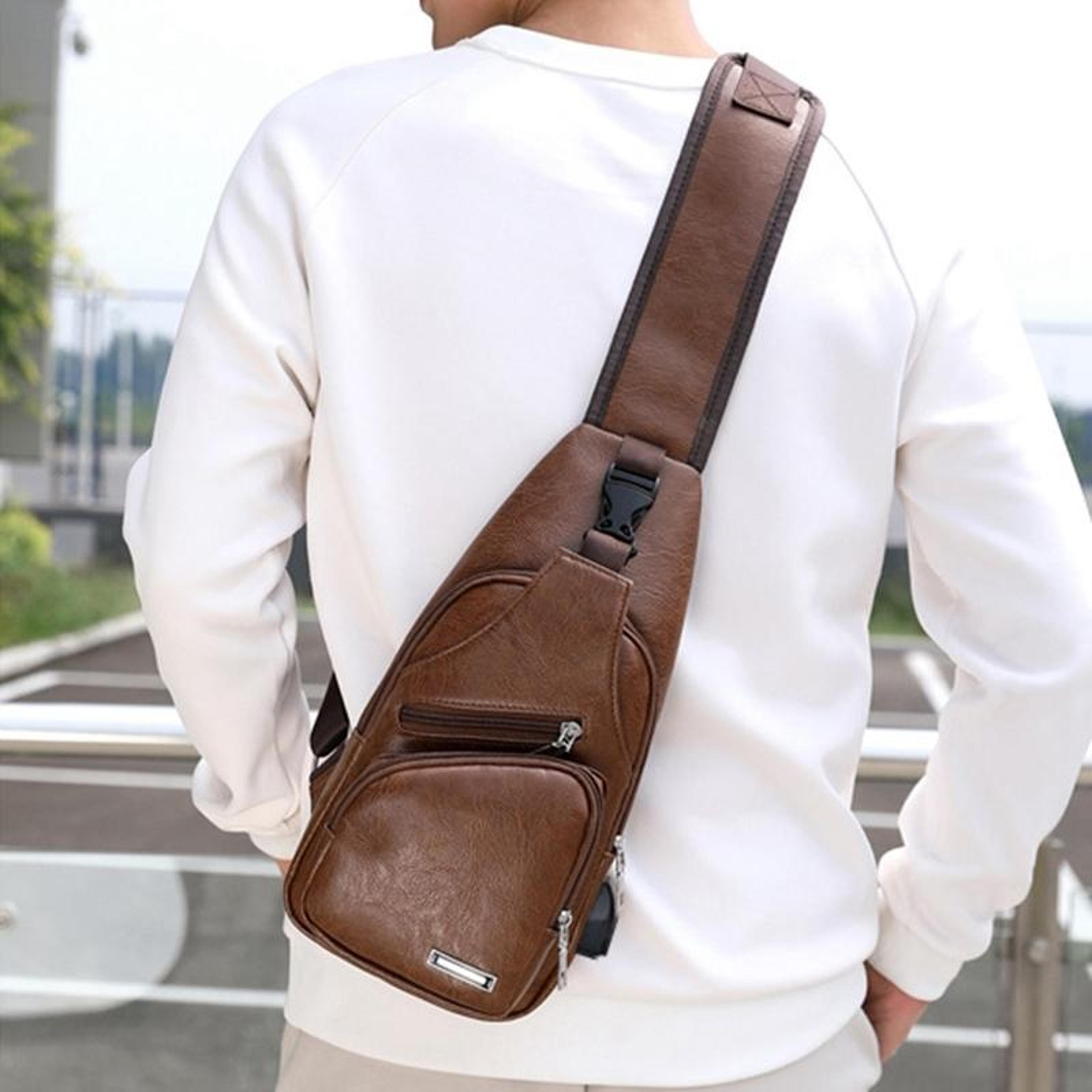 waterproof men chest bag with usb charging port & pu leather sling design
