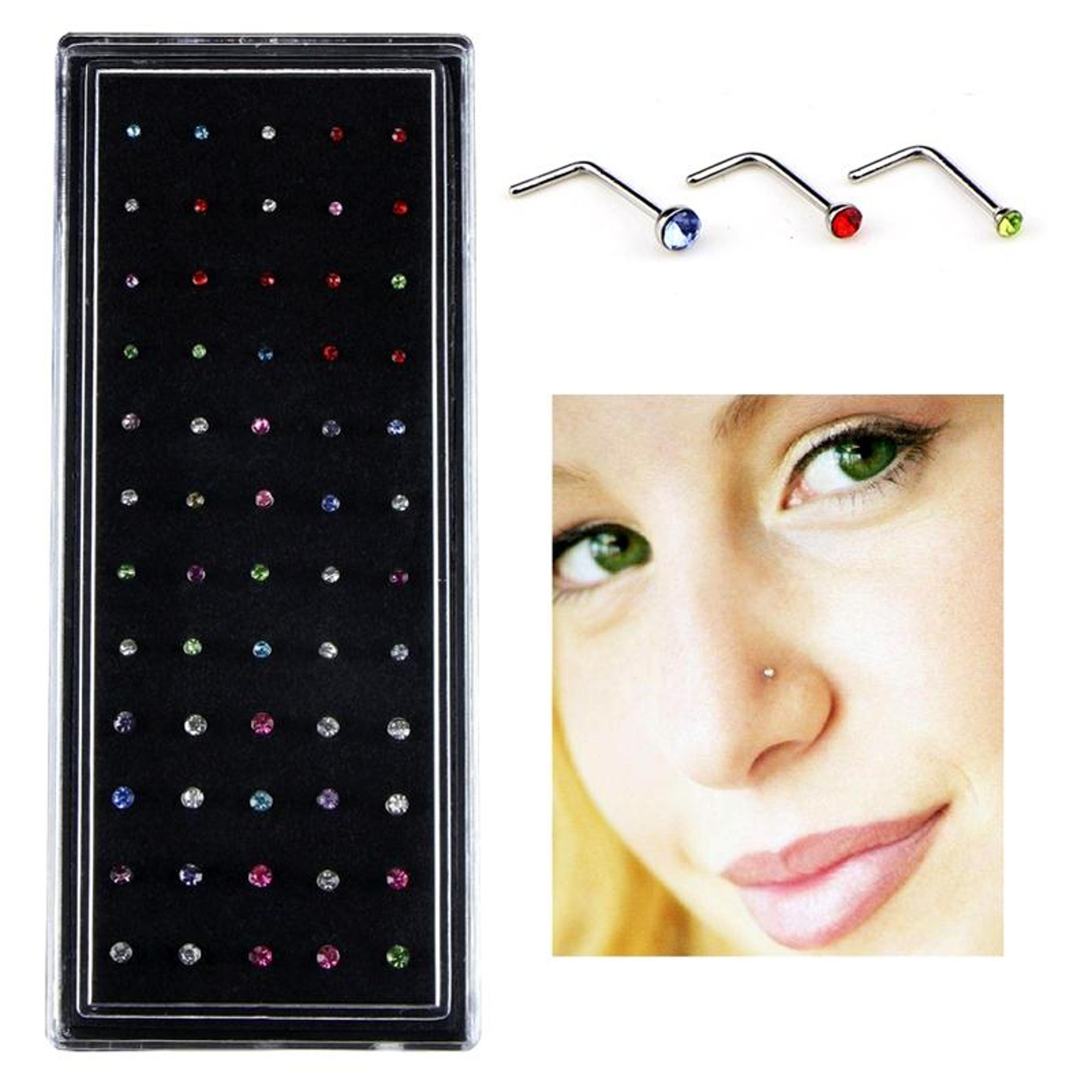 60pcs nose stud rings set with mixed crystal diamonds in stainless steel l shape
