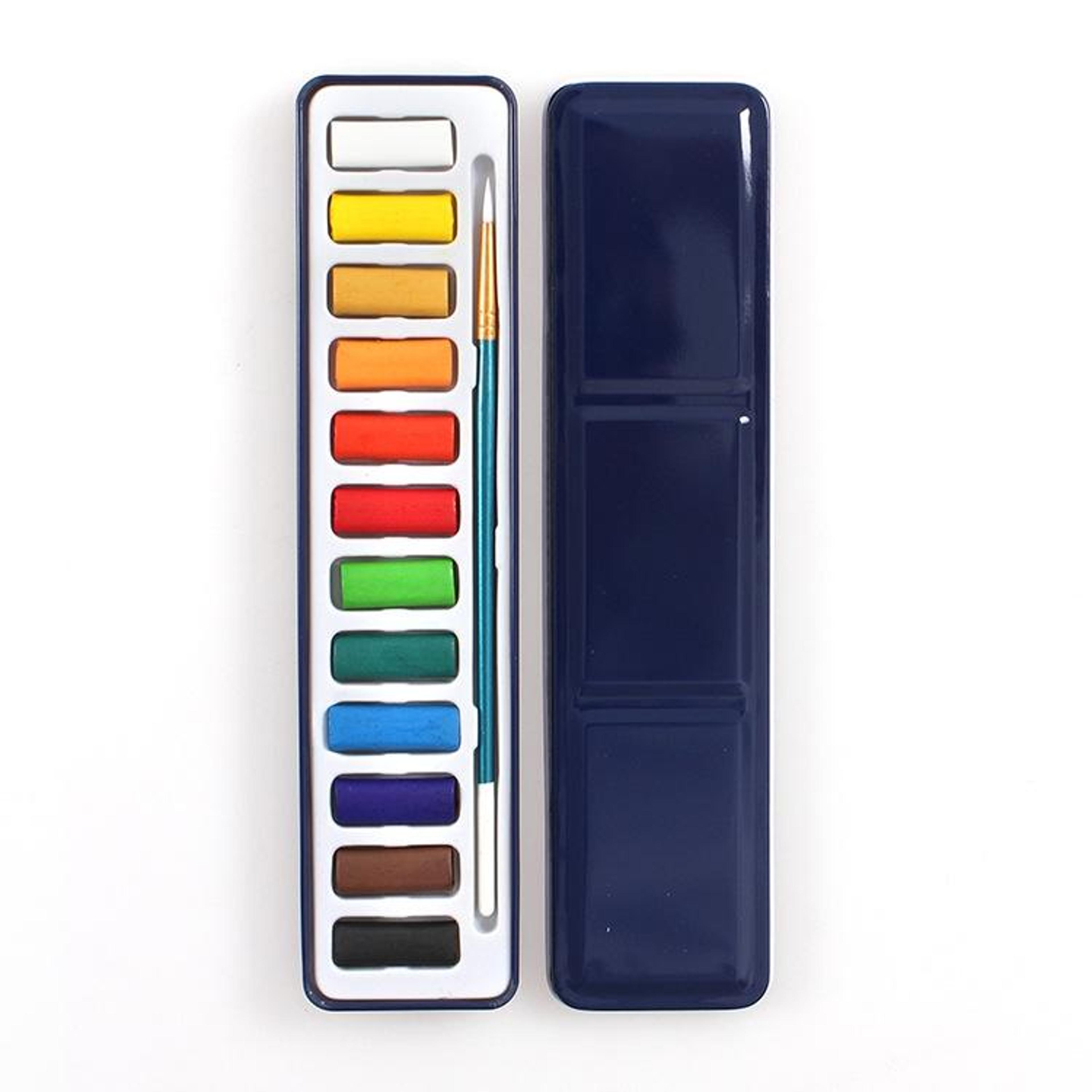 portable watercolor paint set with metal case & brush for travel sketching