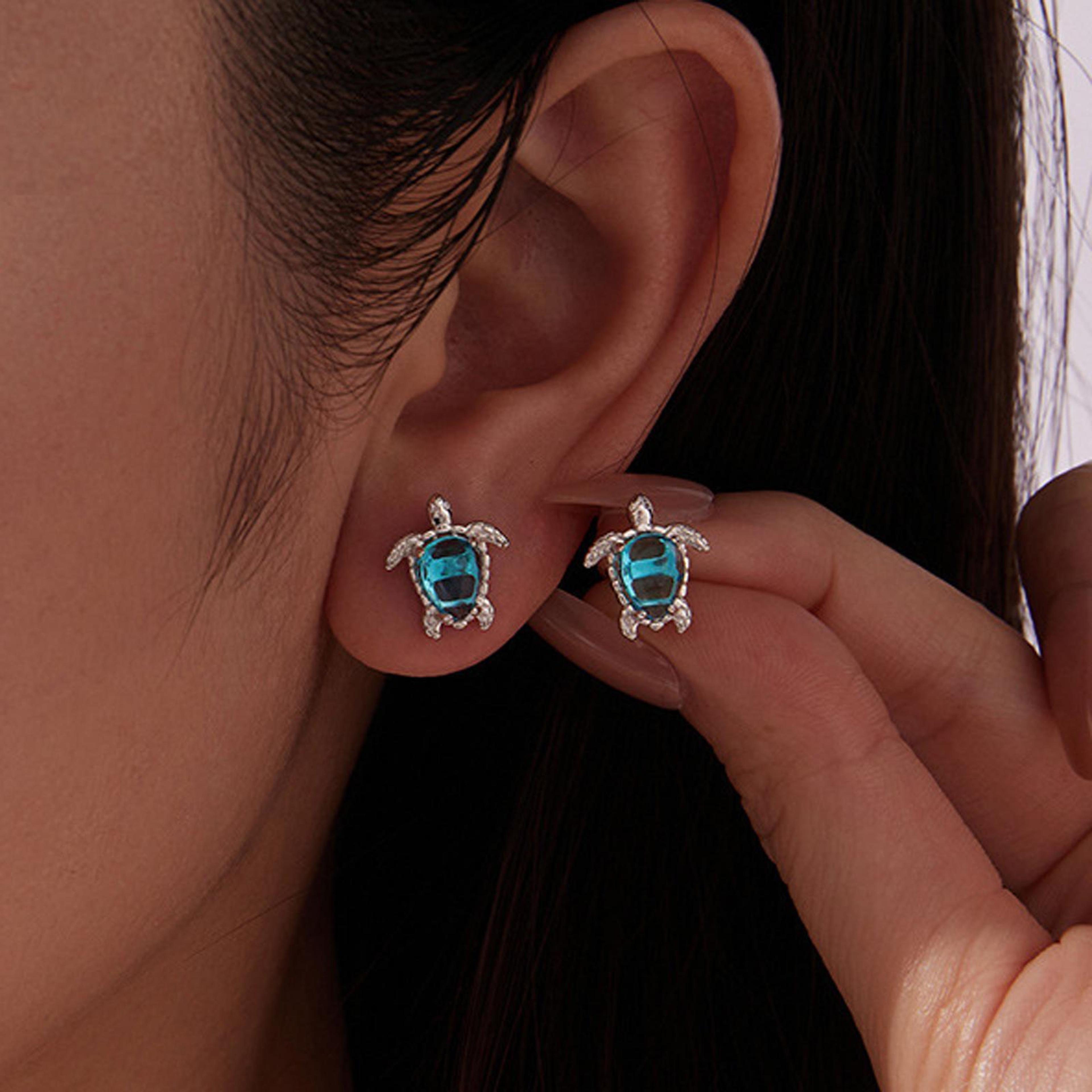 elegant sea turtle zircon stud earrings for women in white gold plated silver needle design