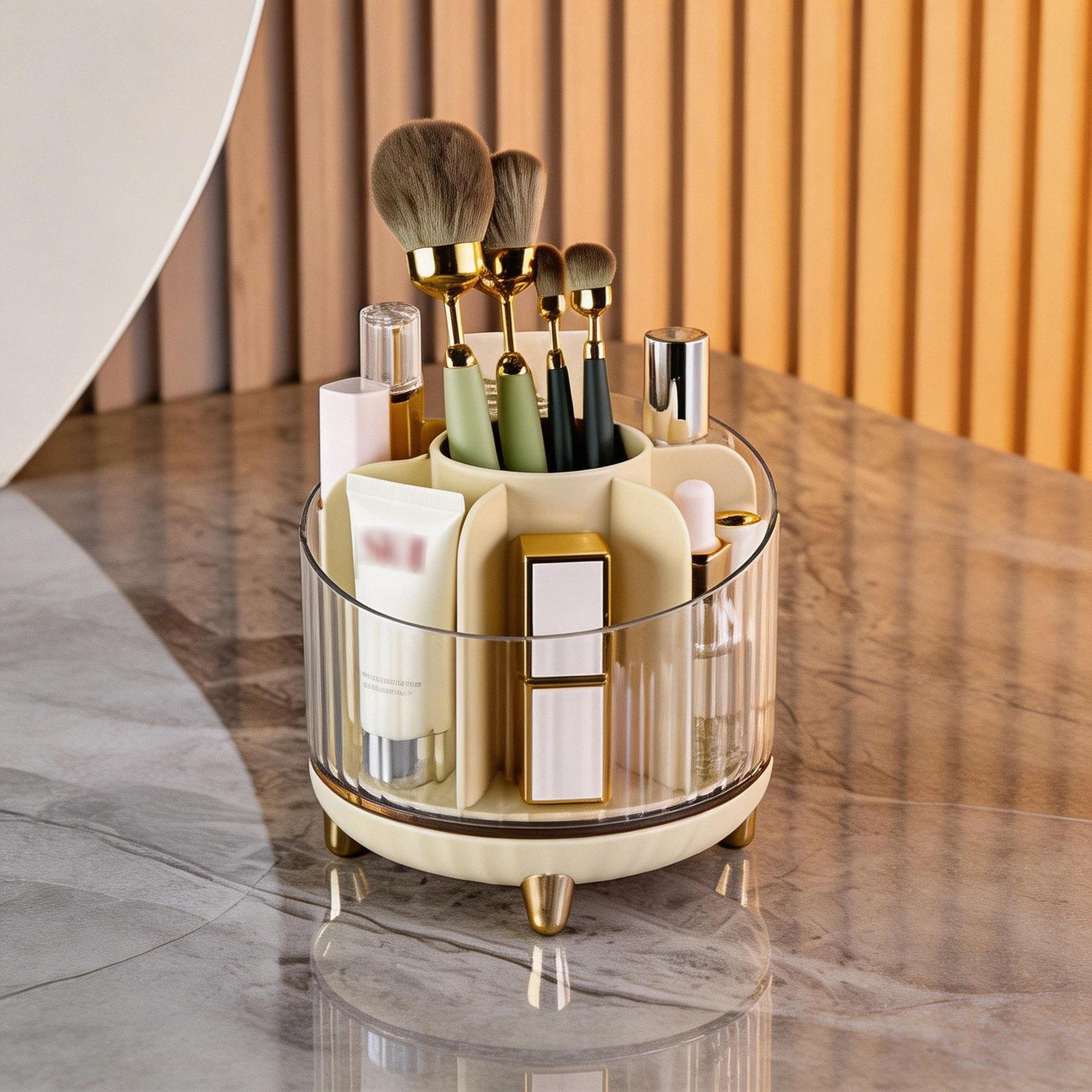 360 rotating makeup organizer with multi grid cosmetic storage for vanity and skincare