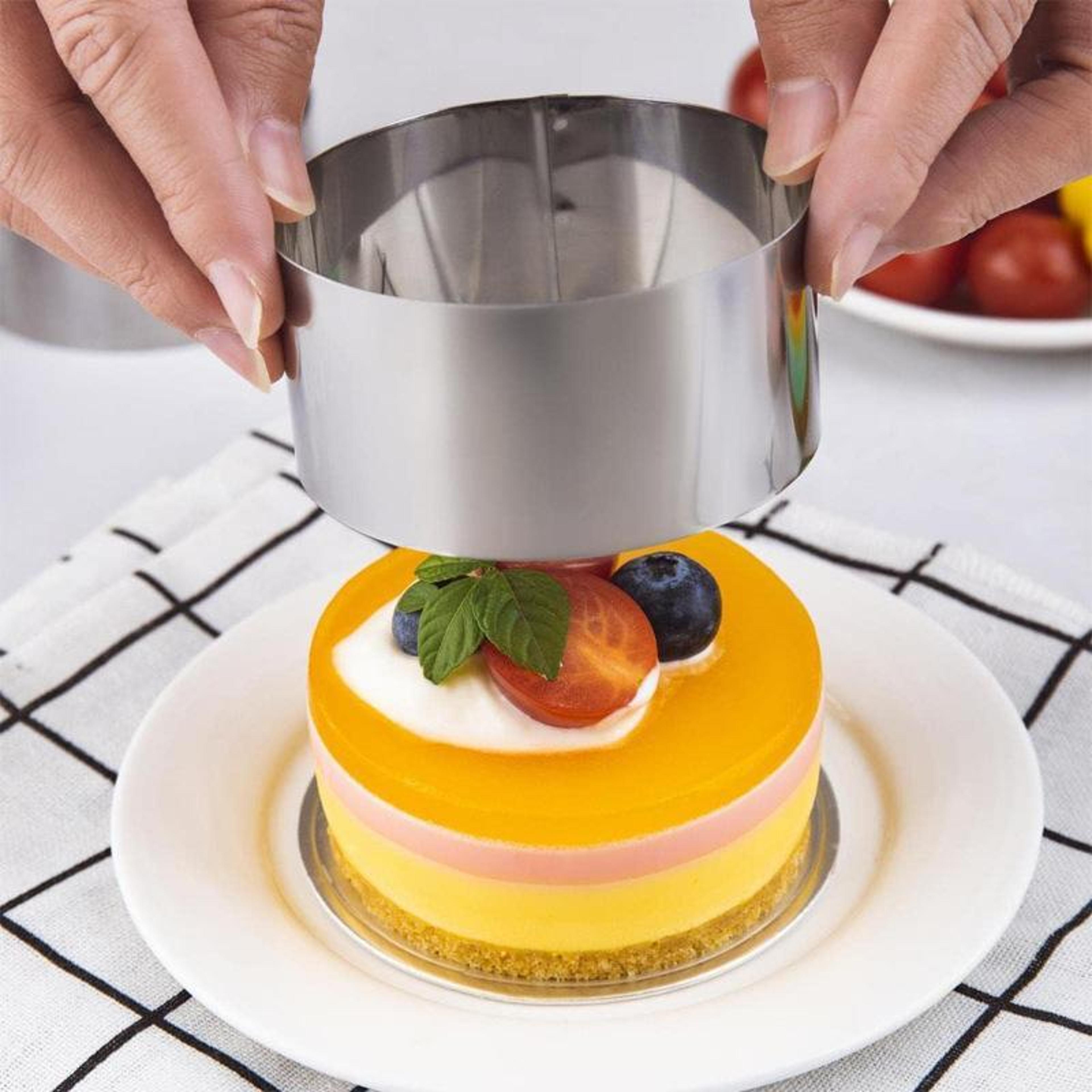 premium stainless steel mousse ring mold with press plate for cakes, desserts & pudding creations