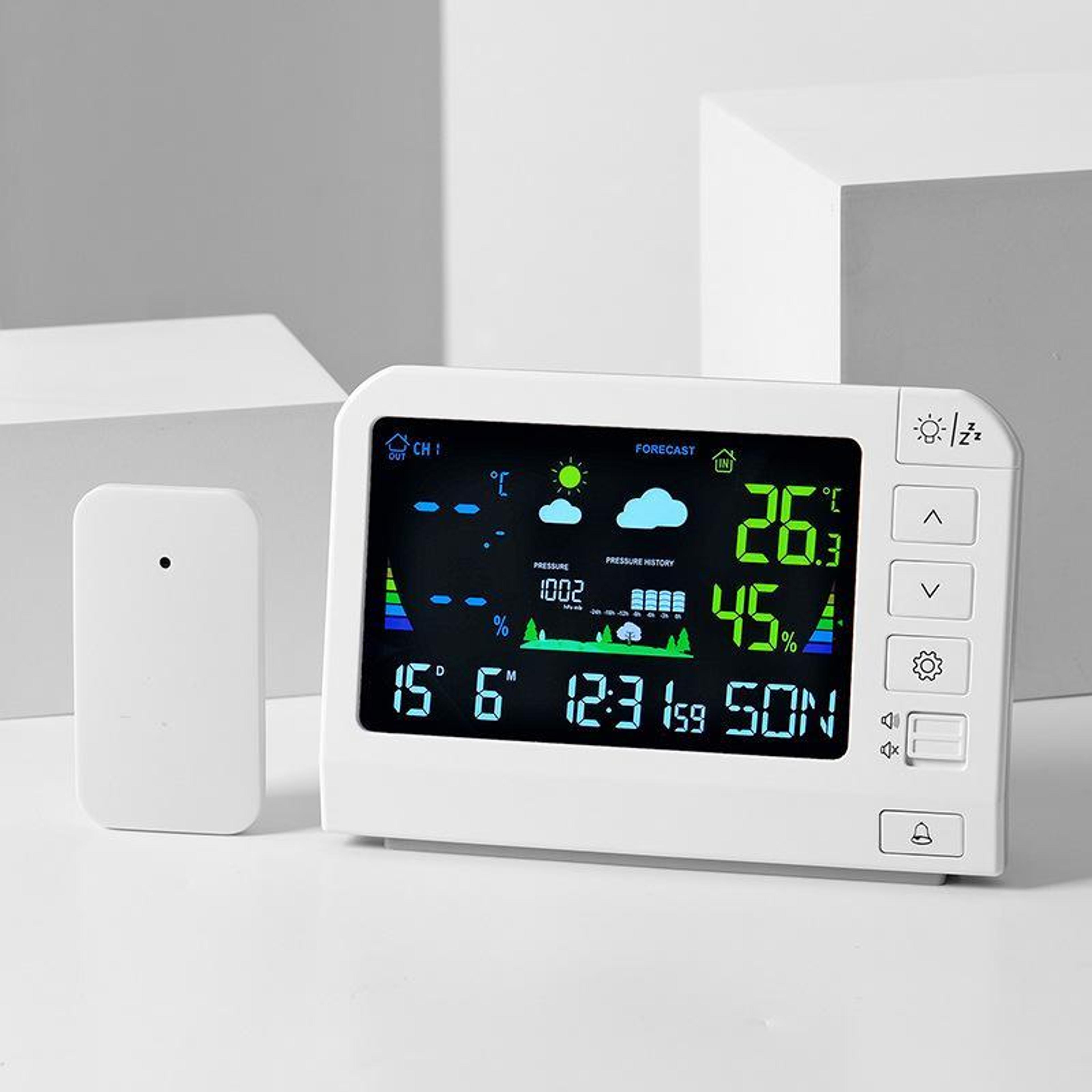 color weather station atomic clock with outdoor sensor and indoor outdoor thermometer