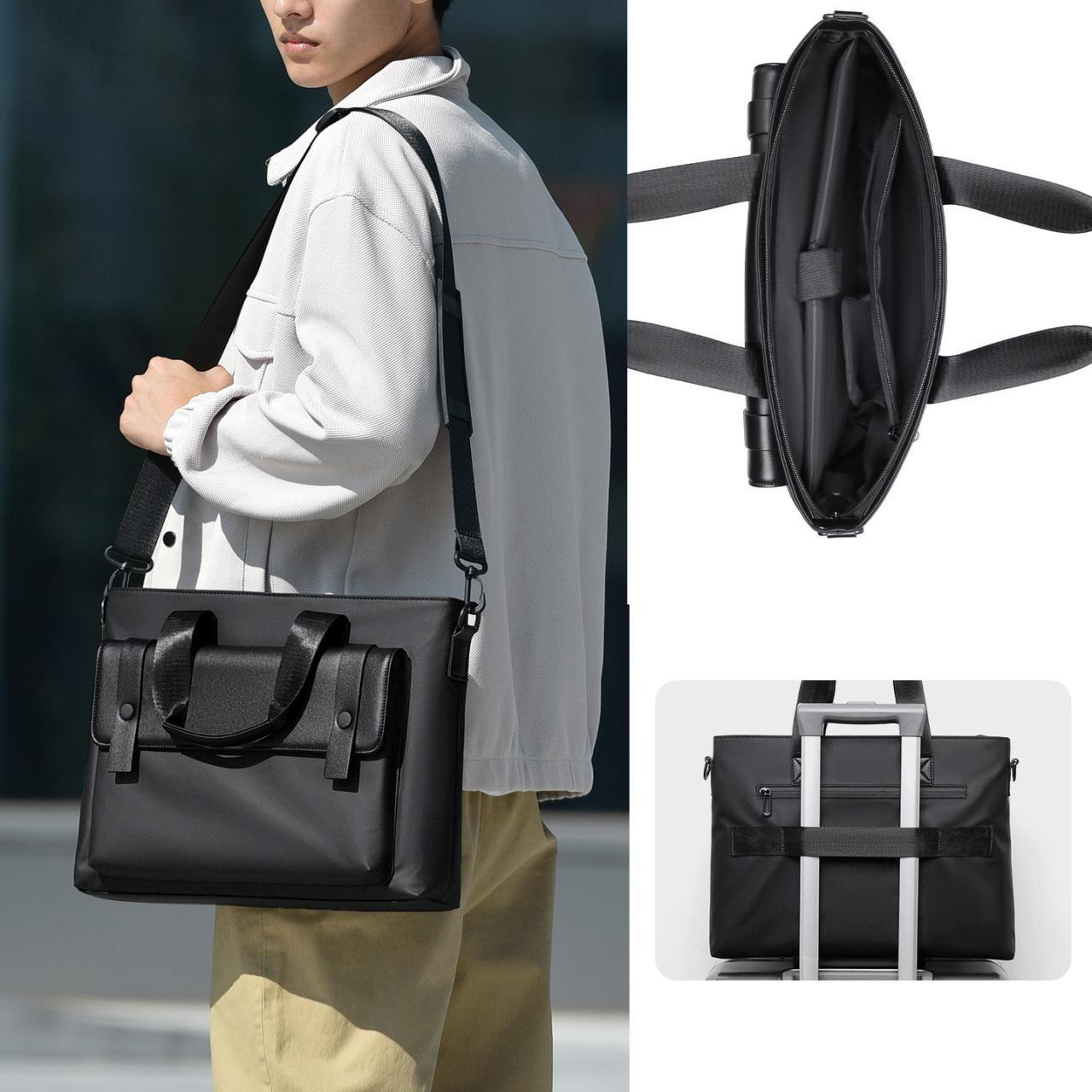 waterproof 14 inch laptop briefcase messenger bag for men with luggage strap and organized storage