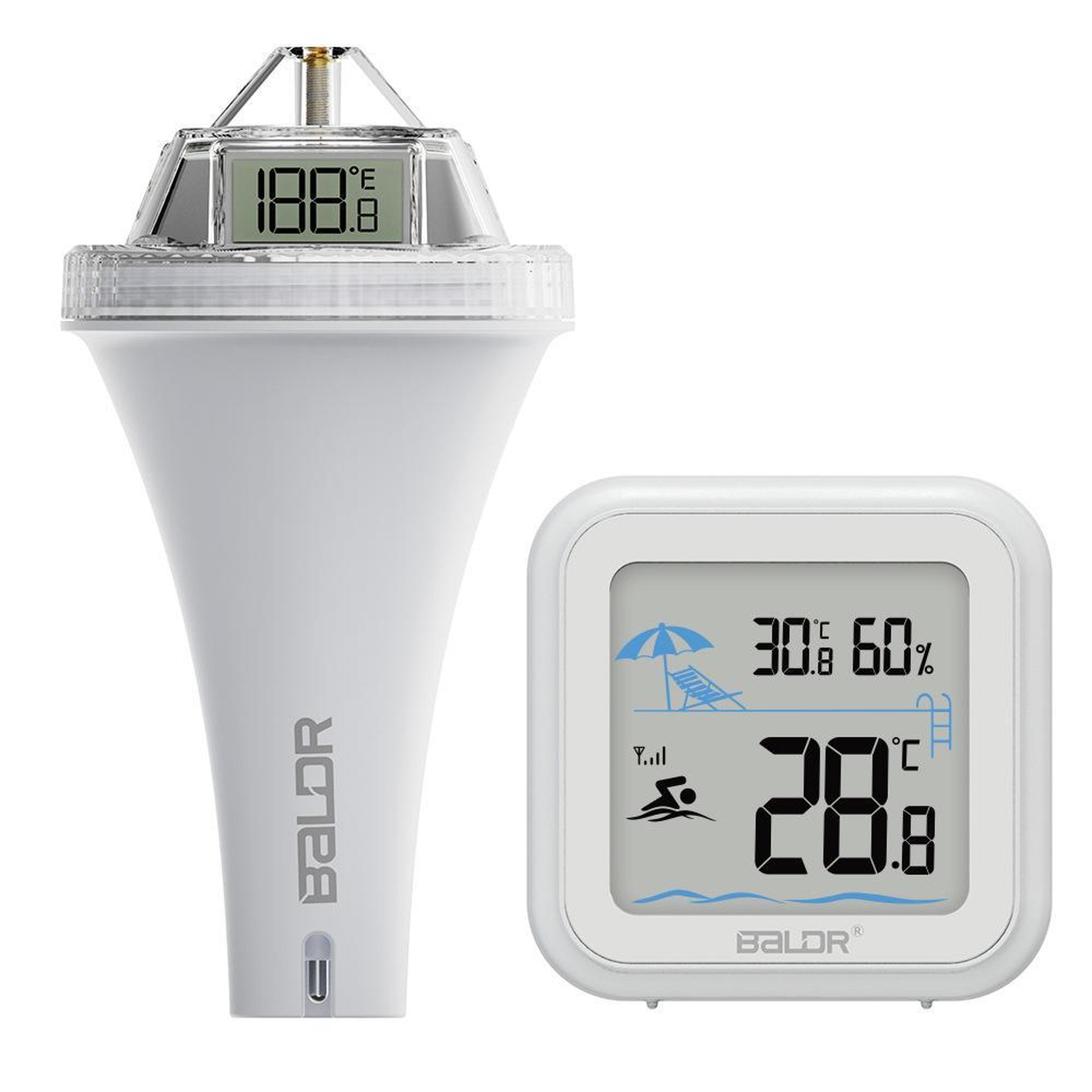 smart wireless floating pool thermometer with 360° lcd display & indoor temperature monitor