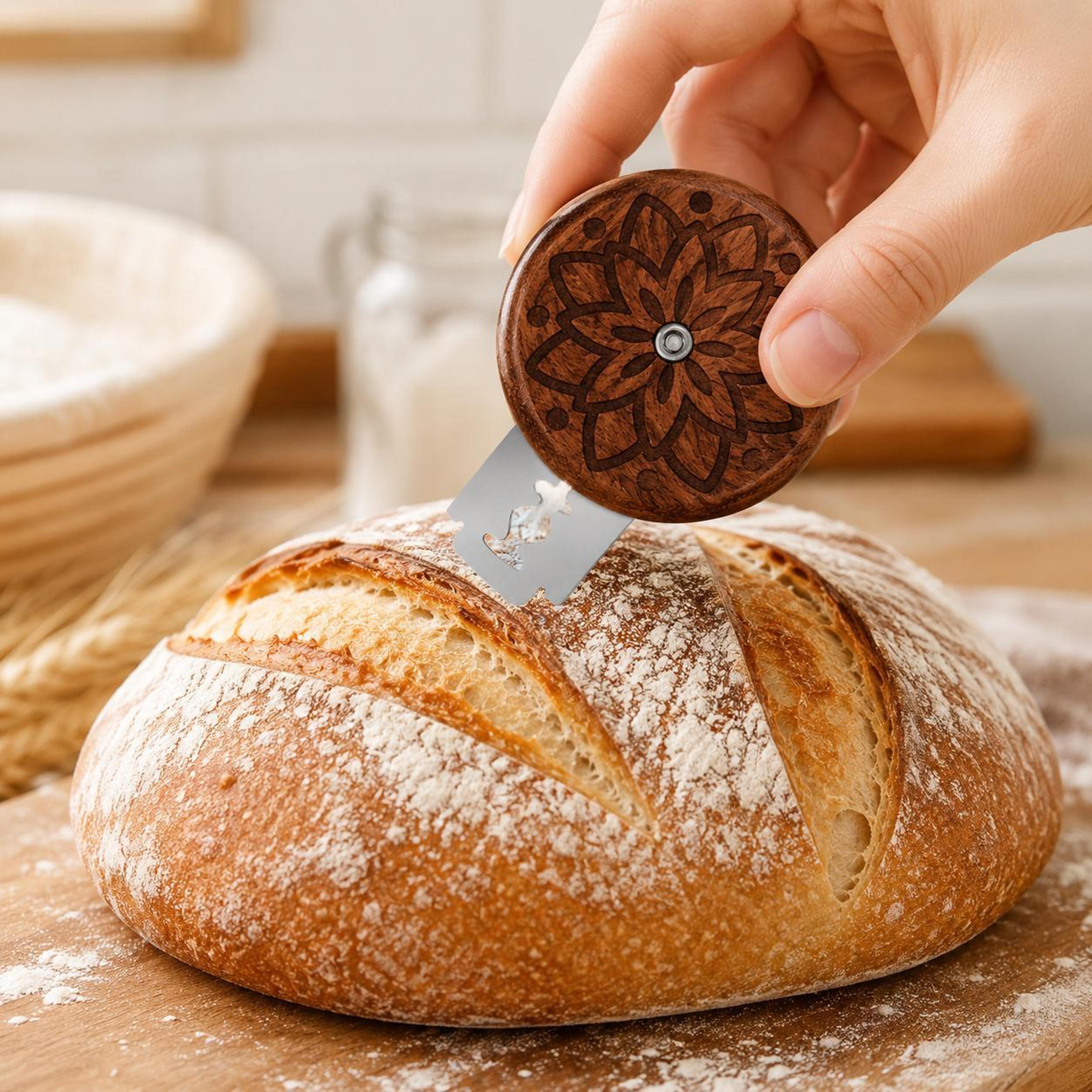 retractable bread scoring knife set with rosewood handle & 5 stainless steel blades