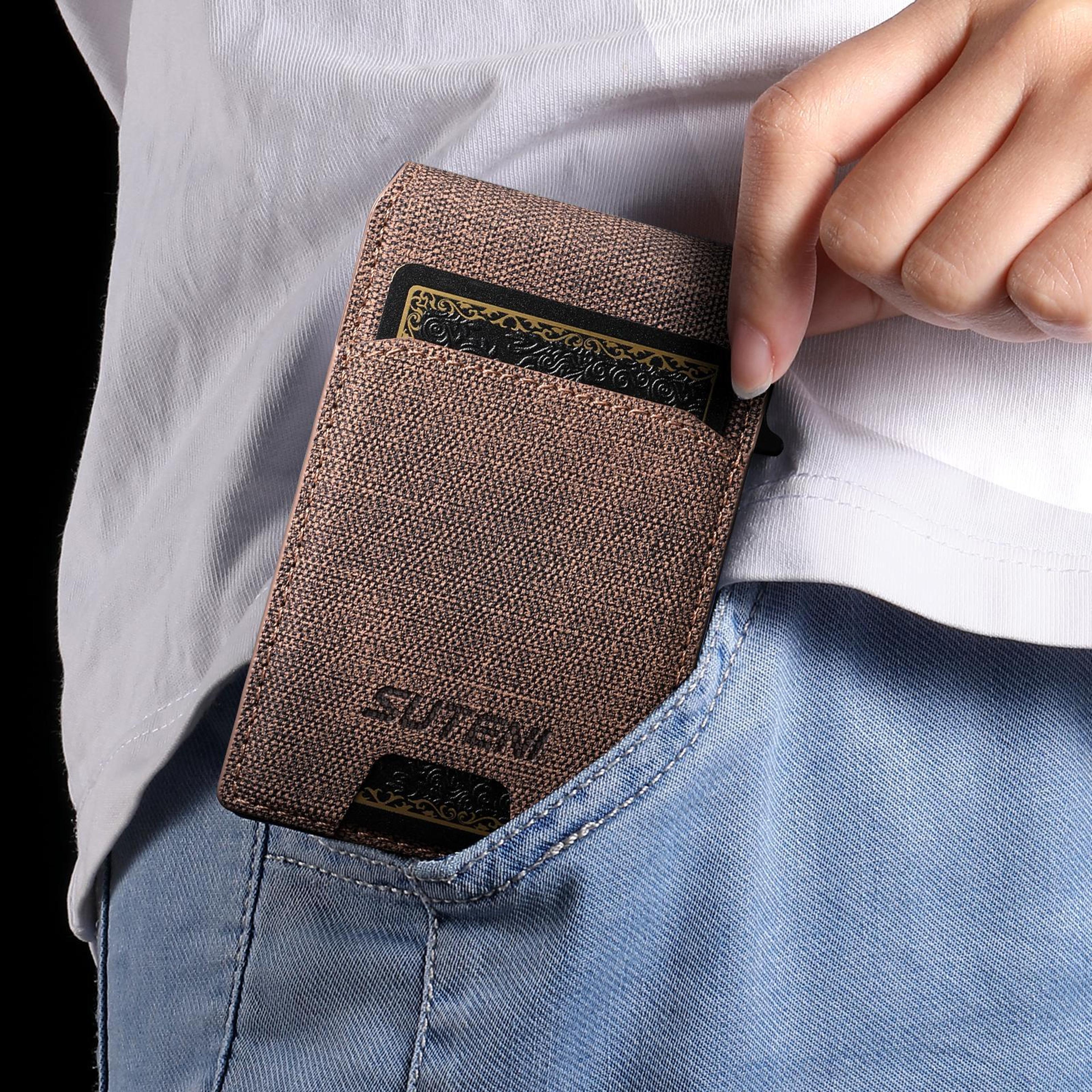 denim rfid blocking pop-up wallet with magnetic closure and slim metal card holder
