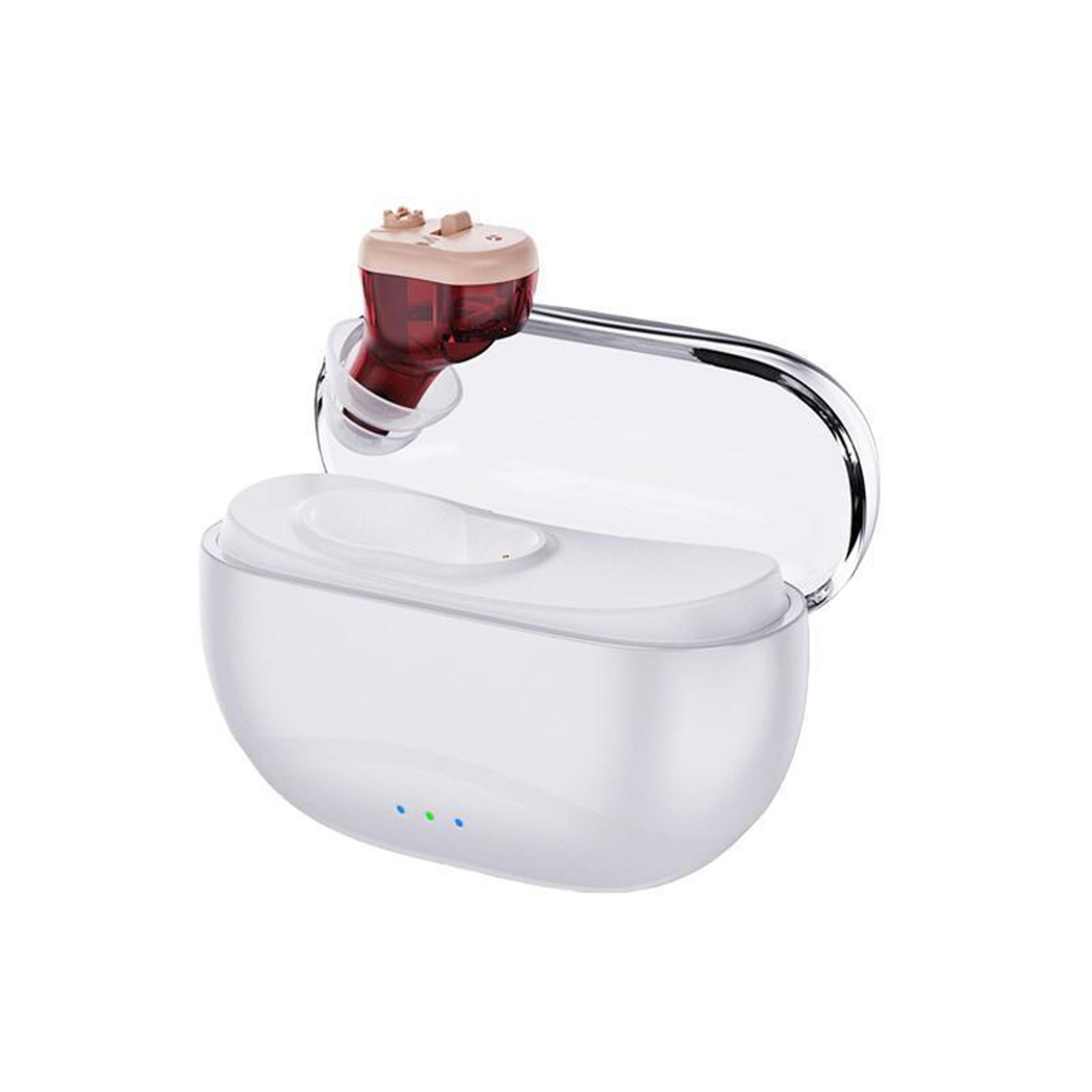 rechargeable invisible hearing amplifier for seniors with noise reduction & charging case