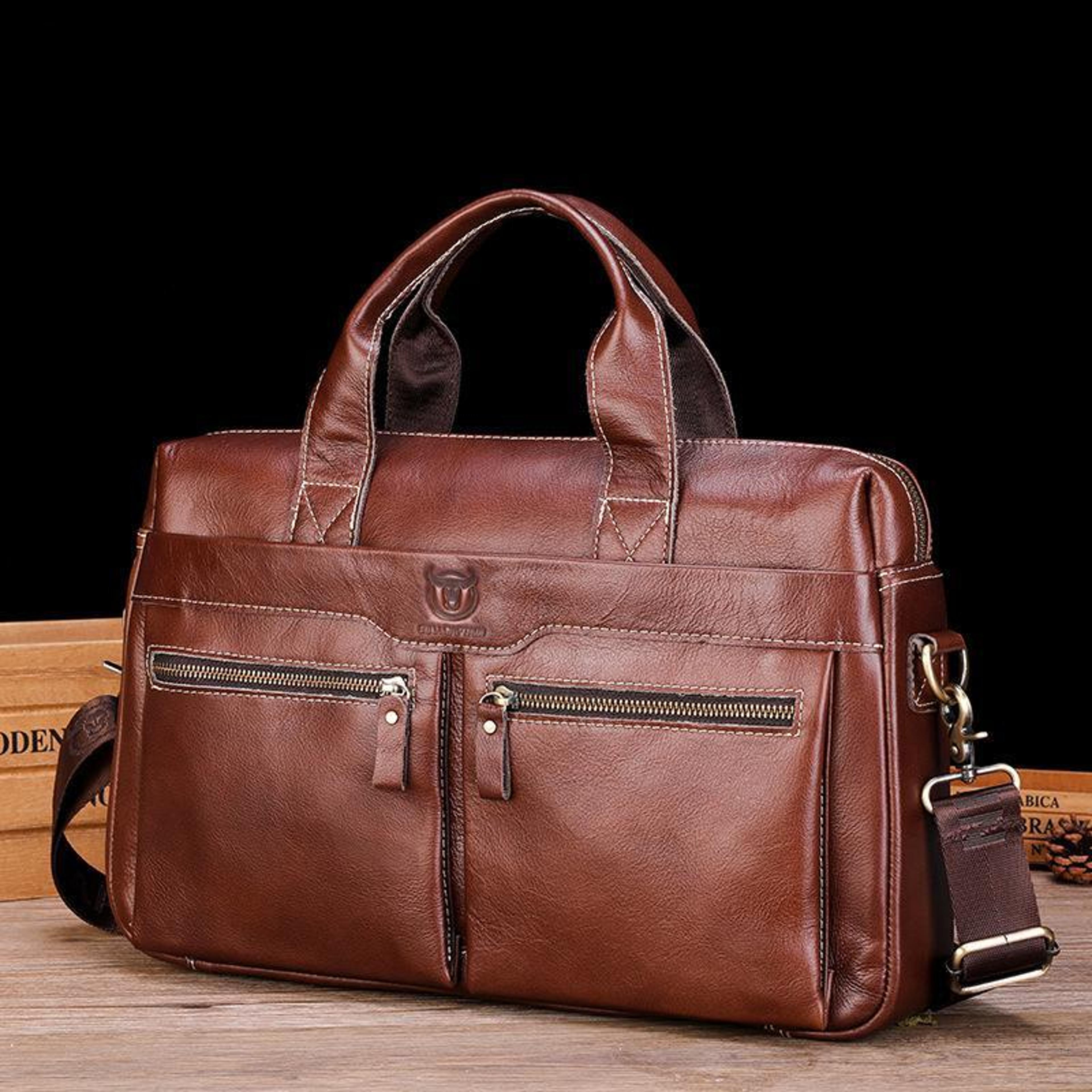 vintage cowhide leather briefcase large capacity business laptop messenger bag