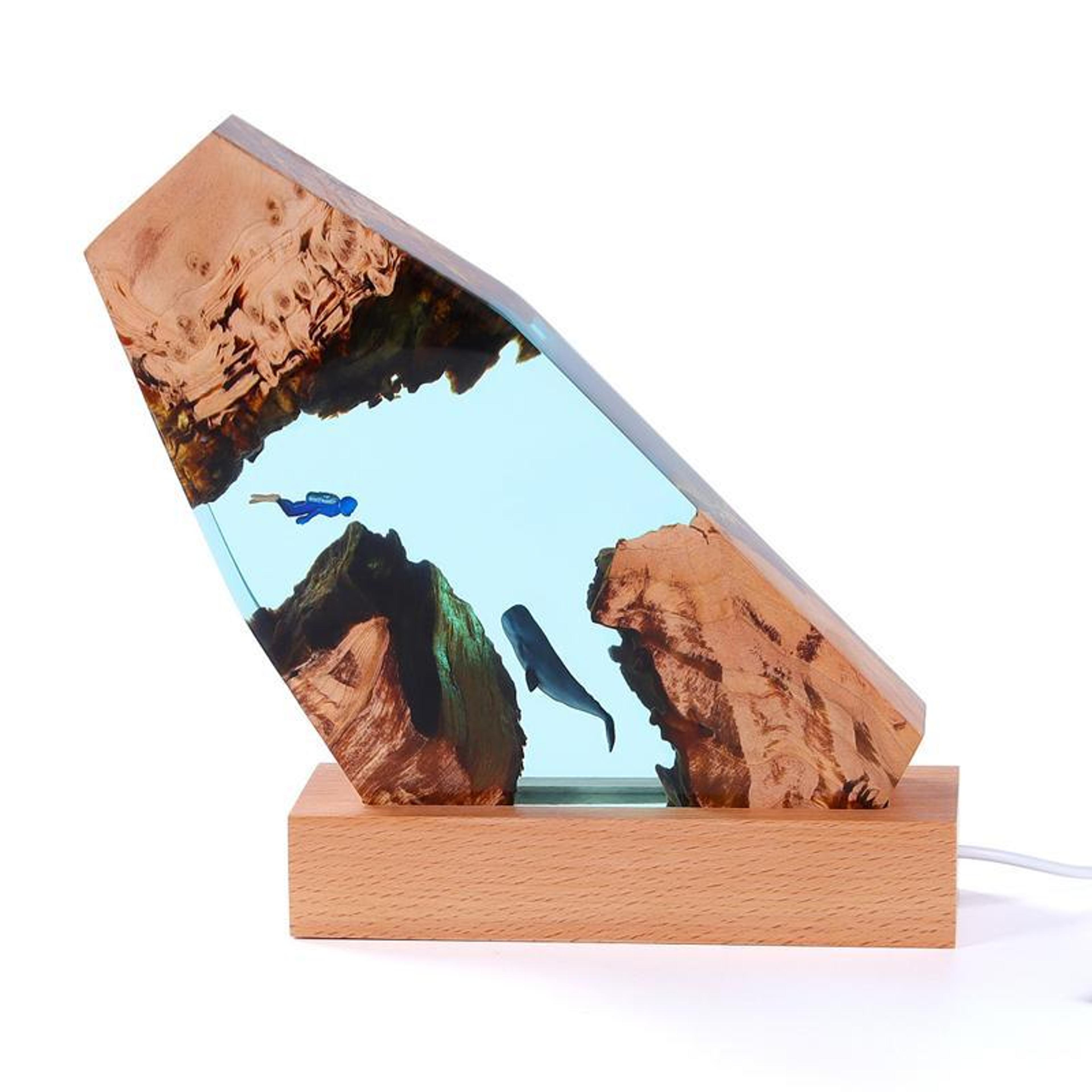 ocean cave whale diver resin lamp, usb led ocean decor night light for desk & home