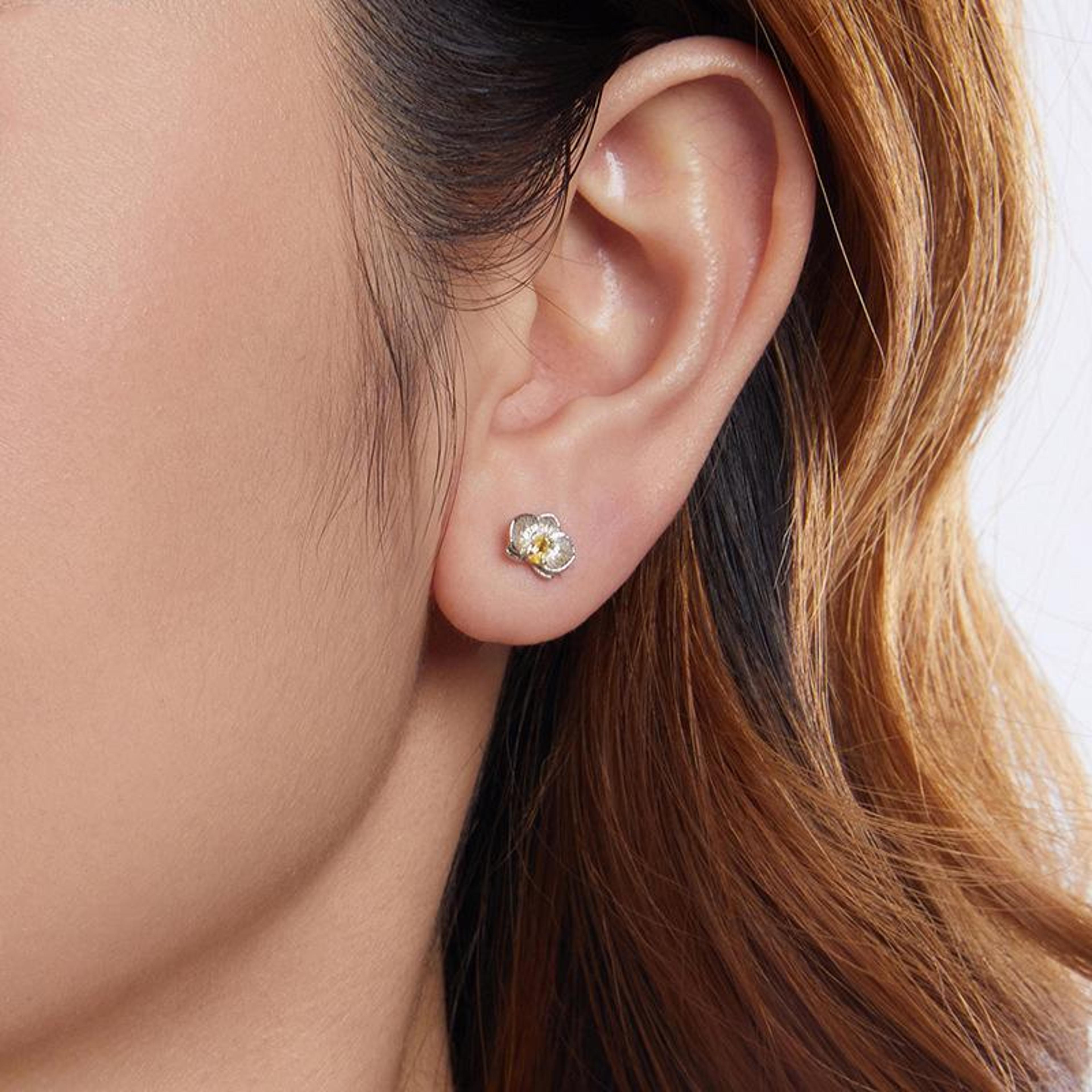 sterling silver butterfly orchid earrings with sparkling zircon, platinum plated luxury floral studs